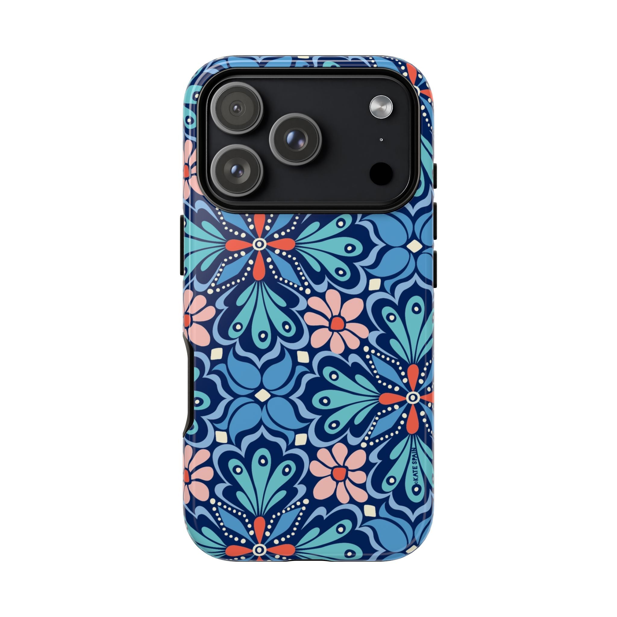Bolero Tough iPhone 17 Pro Case – Glossy | navy, cobalt, blush geometric medallion floral print