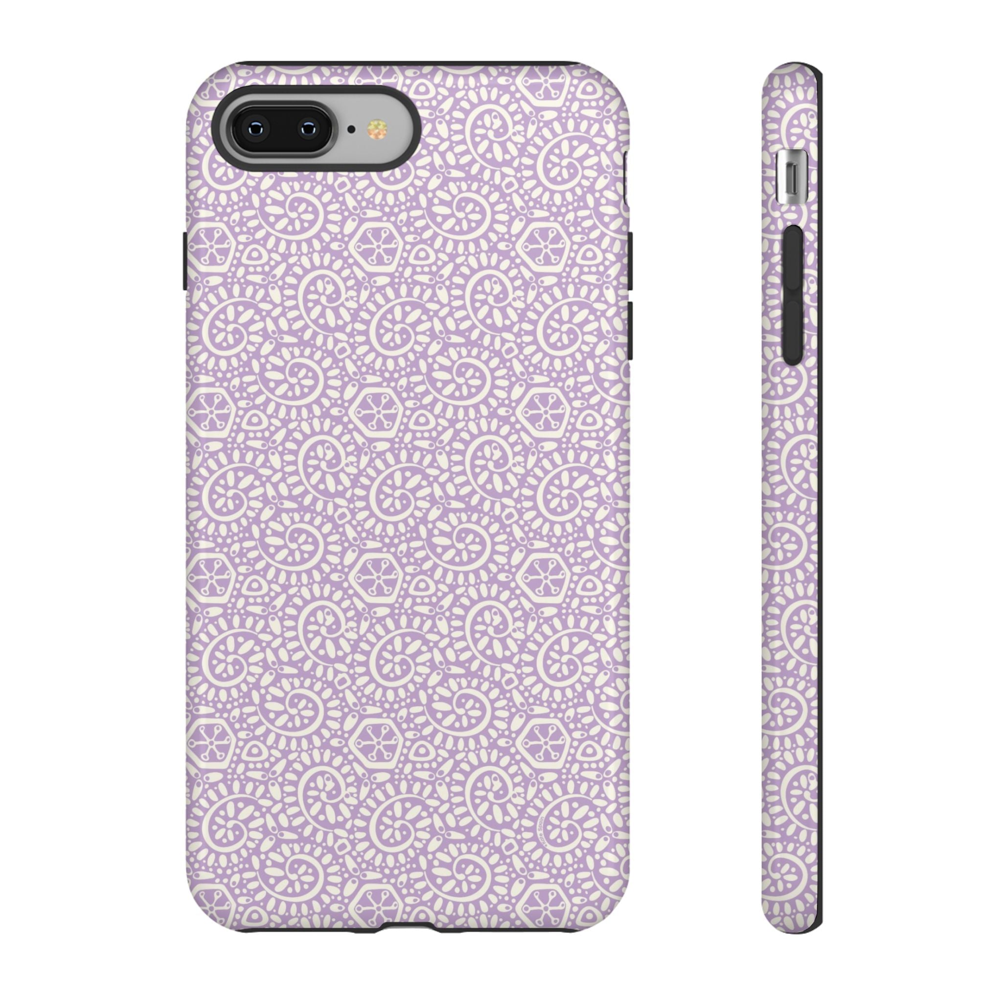 Canto Swirls Lavender iPhone 8 Plus Glossy Case — lavender hard case covered in an intricate folk-art medallion pattern of radiating circular motifs, dot clusters, and geometric centers