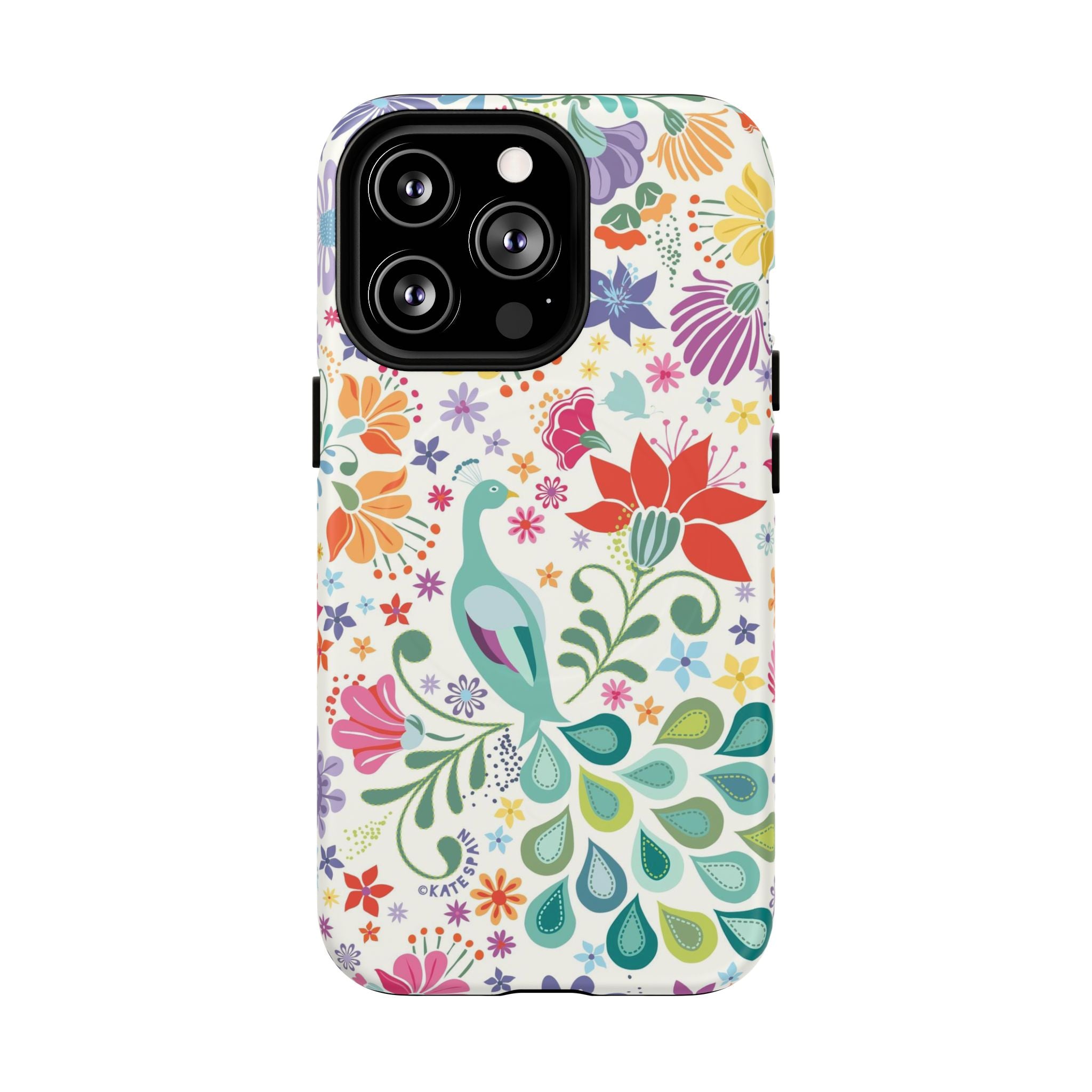 Peacock Sanctuary MagSafe iPhone 13 Pro Case – Matte | cream, teal, coral multicolor vibrant peacock feather botanical print
