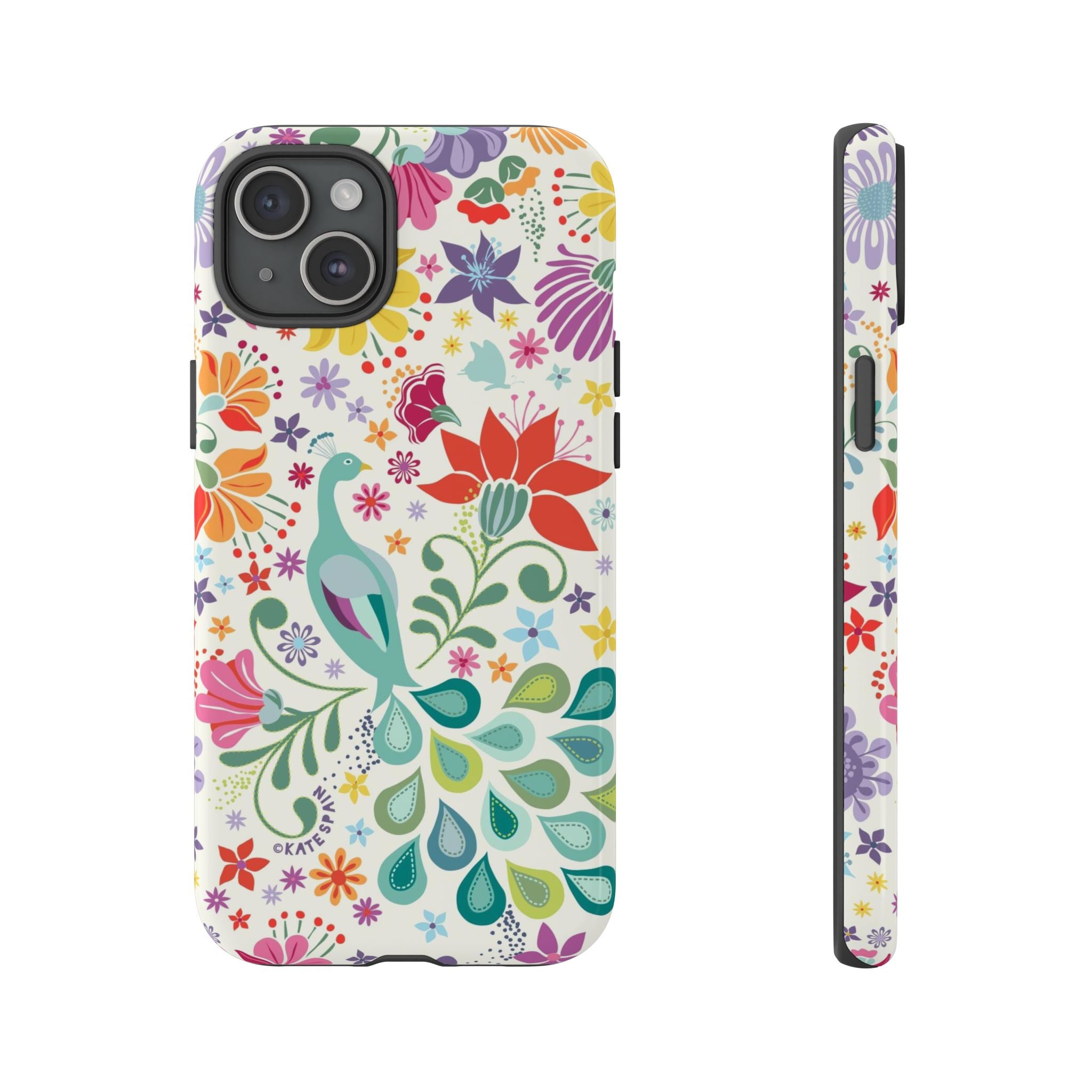 Peacock Sanctuary Tough iPhone 15 Plus Case – Glossy | white, teal, coral multicolor vibrant peacock feather botanical print