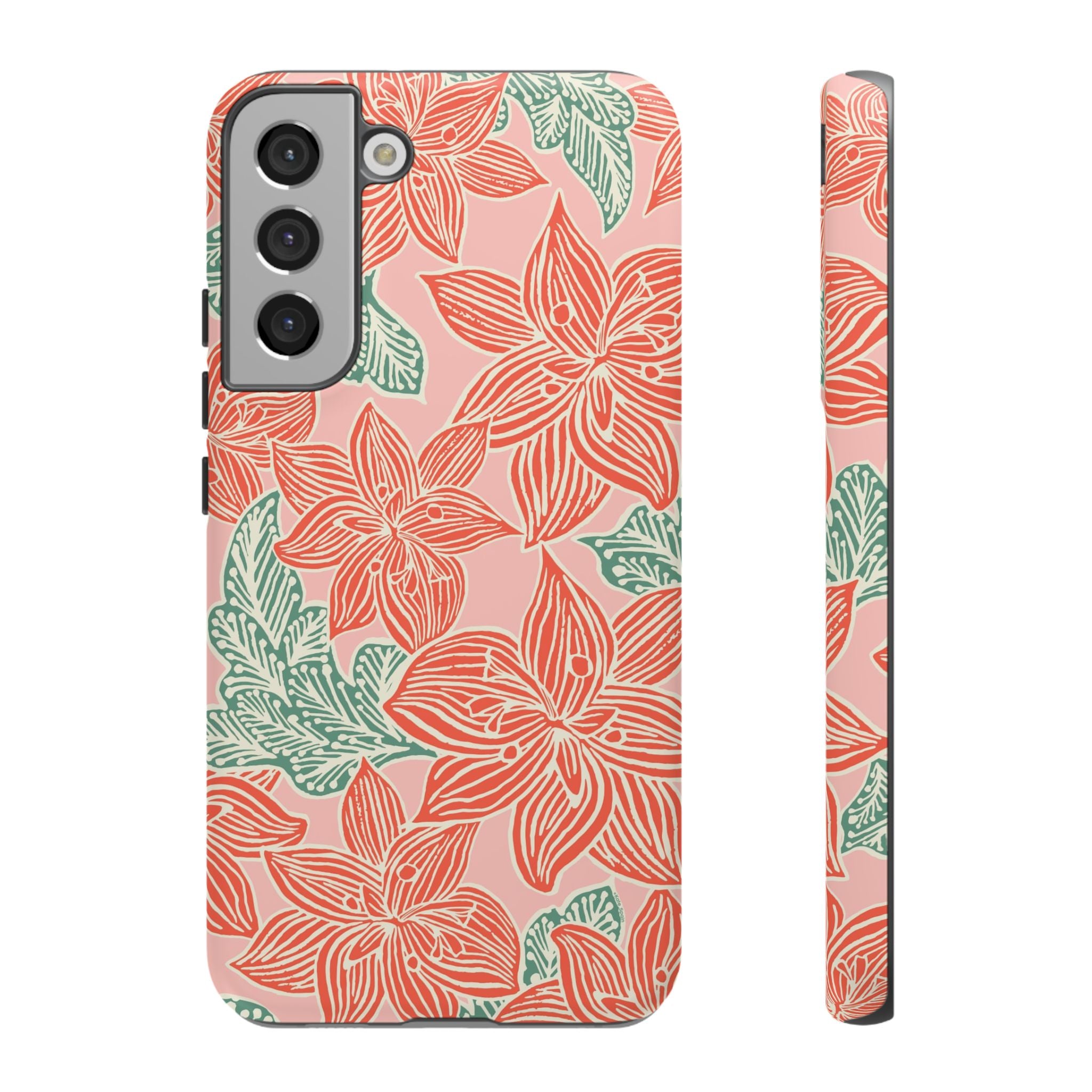 Hibiscus Coral Samsung Galaxy S22 Plus Matte Case — blush pink hard case with large-scale coral red hibiscus flowers and teal-green leaves in a bold botanical linework print, densely layered across the surface