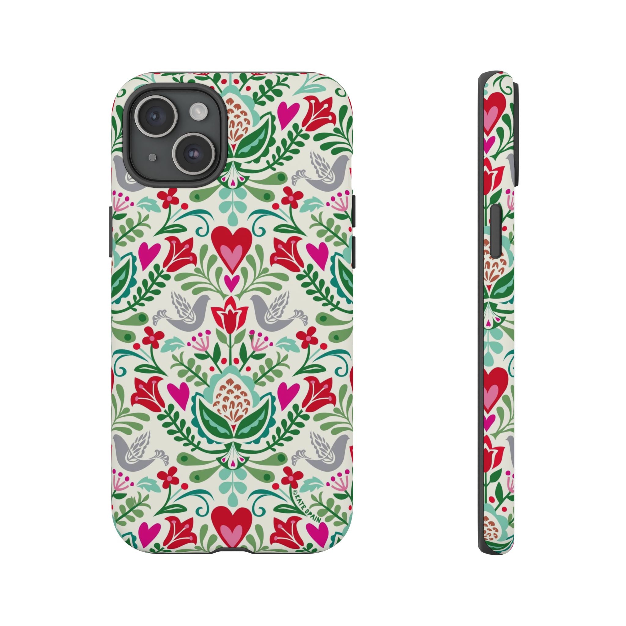 Rosemaling Tough iPhone 15 Plus Case – Matte | cream, red, pink, green, gray folk art floral bird print