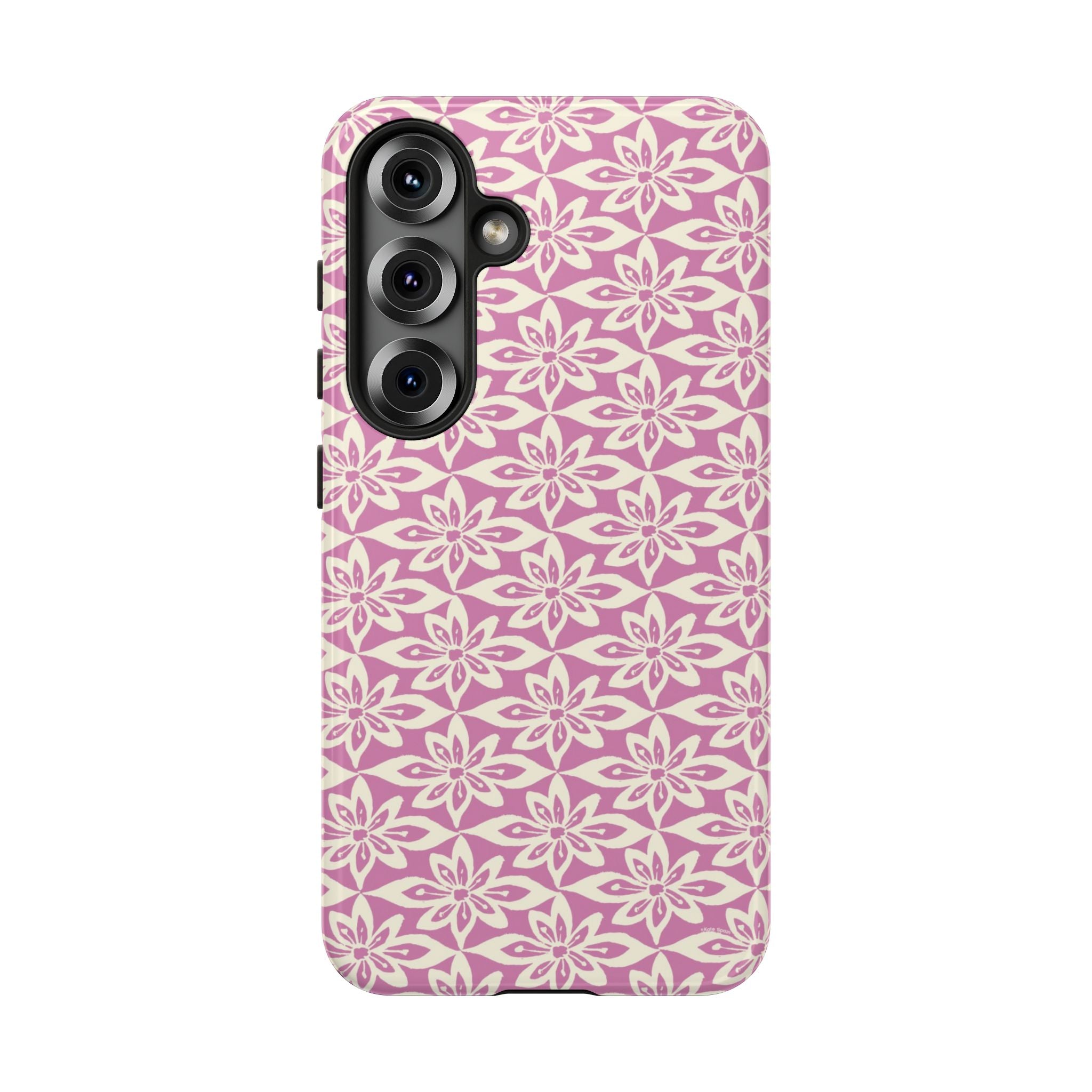 Lily Rose Samsung Galaxy S25 Glossy case — graphic white lily print on soft rose — botanical phone case by Kate Spain