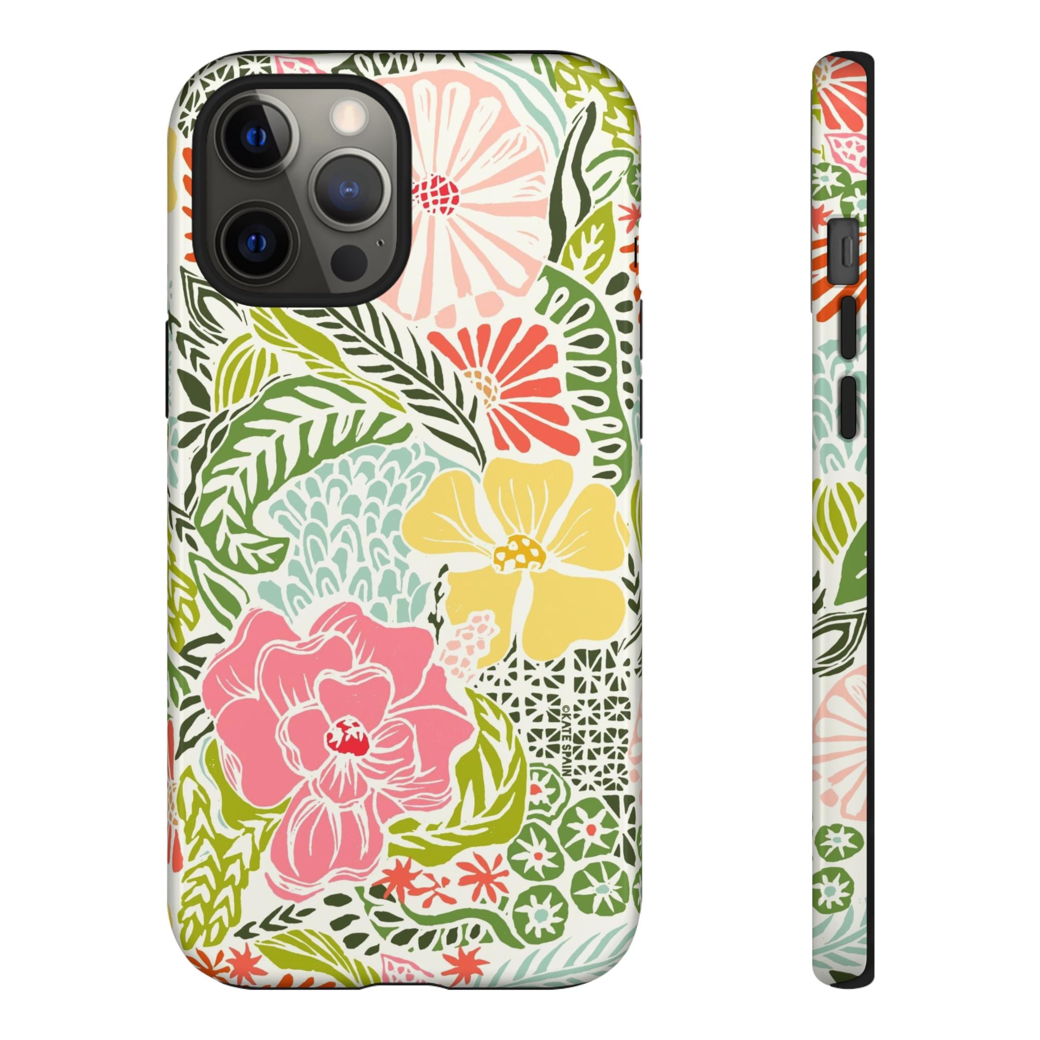Tropica Tough iPhone 12 Pro Max Case – Glossy | cream, pink, yellow, blue botanical floral print