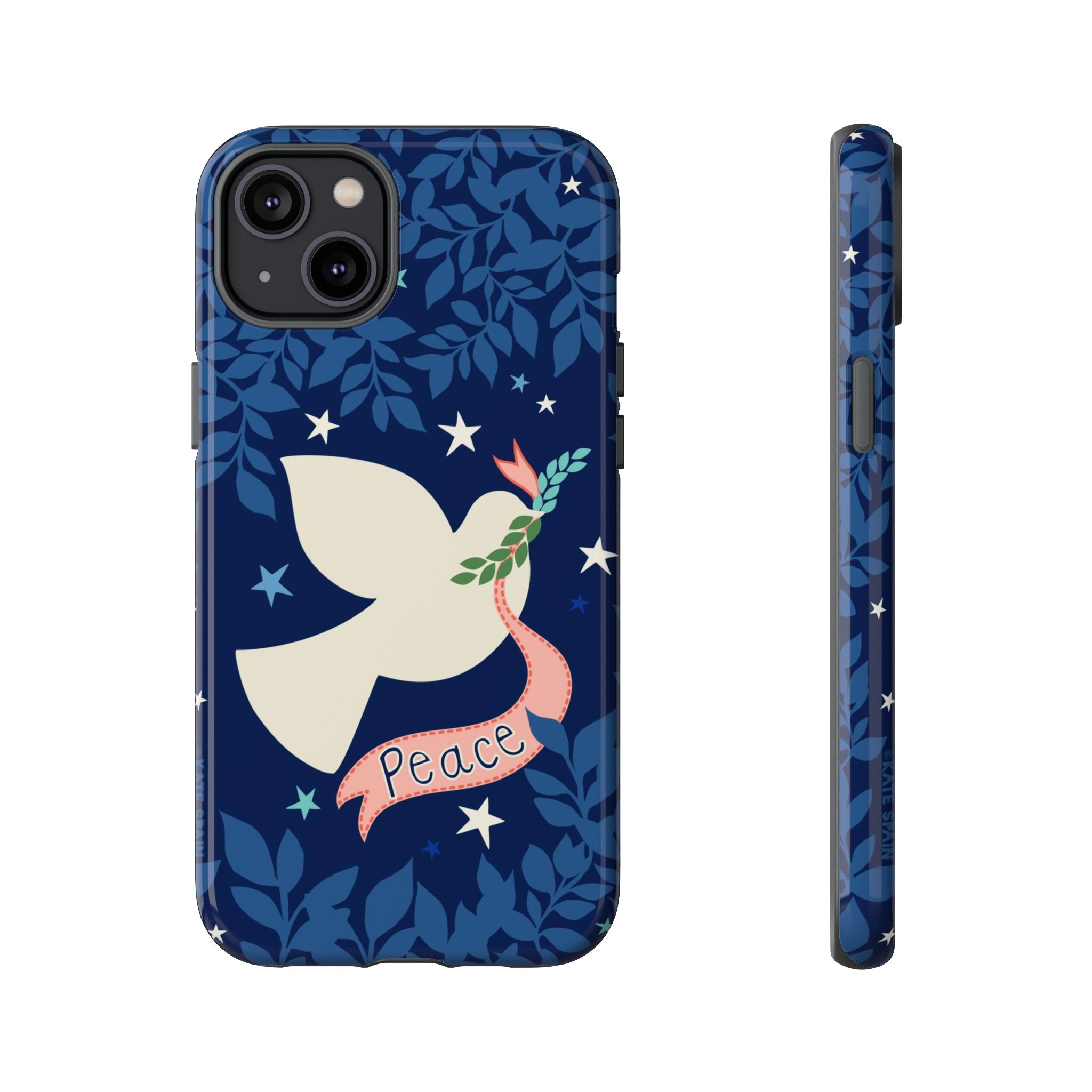 Peace Tough iPhone 14 Plus Case – Glossy | navy, cream peace dove, stars, botanical print