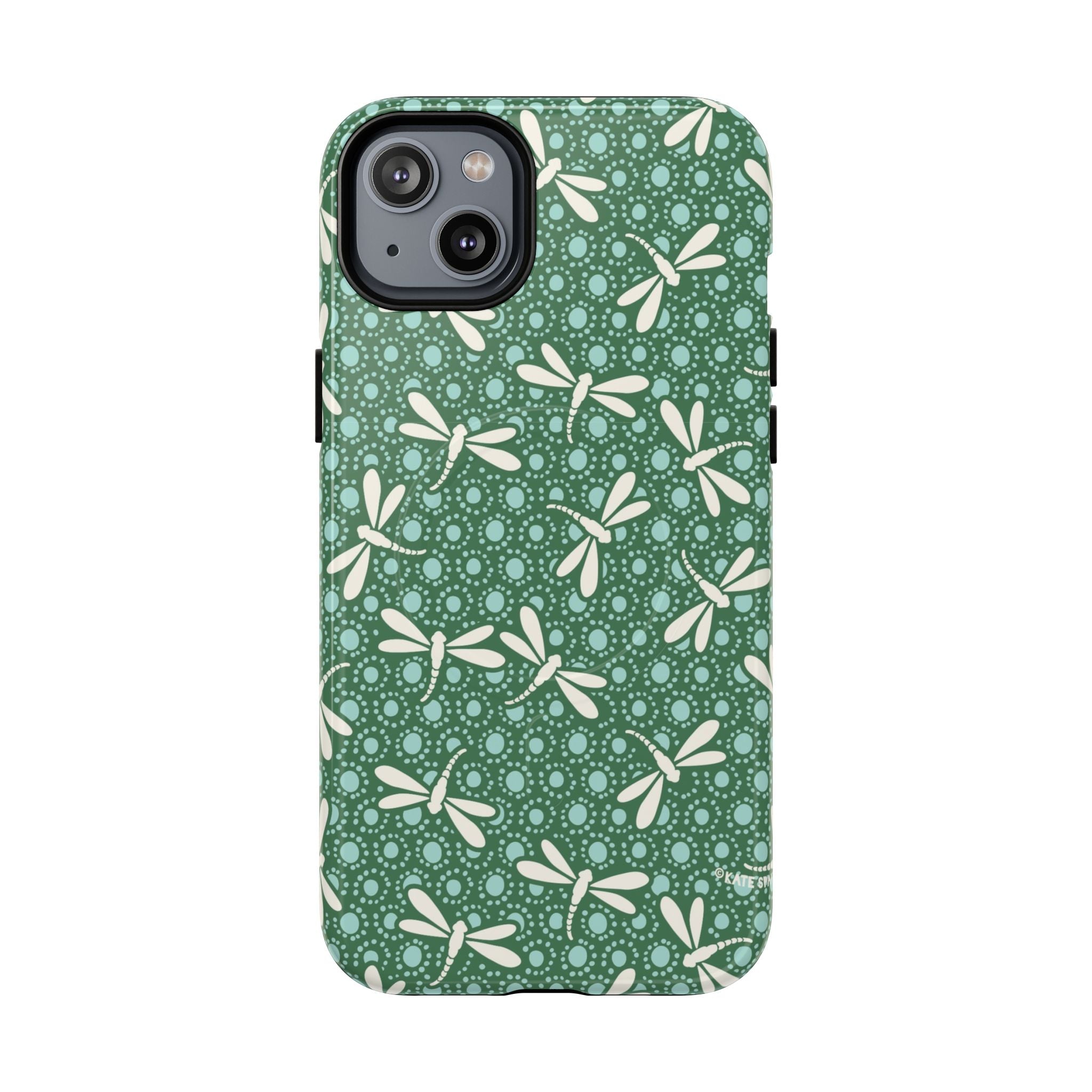 Designer Dragonfly MagSafe iPhone 14 Plus Case – Glossy | jade green, aqua, cream dragonfly print