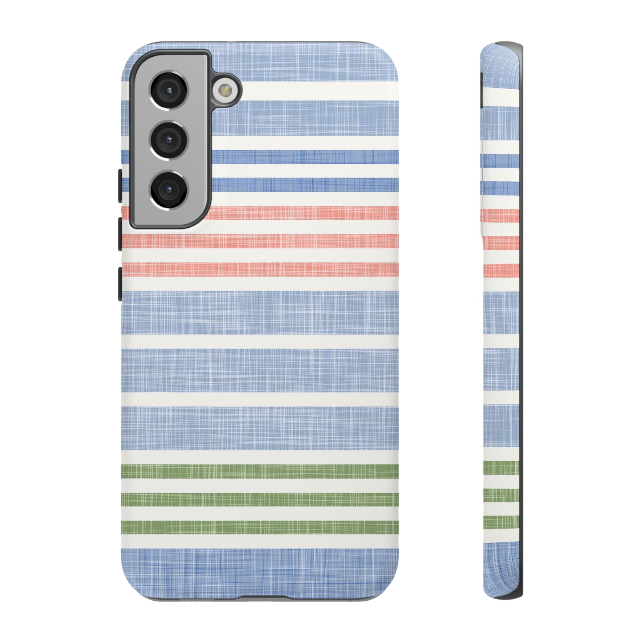 Cabana Stripe Pastel Samsung Galaxy S22 Plus Case – Matte | soft blue, coral, sage green chambray-textured stripe print dual-layer protection