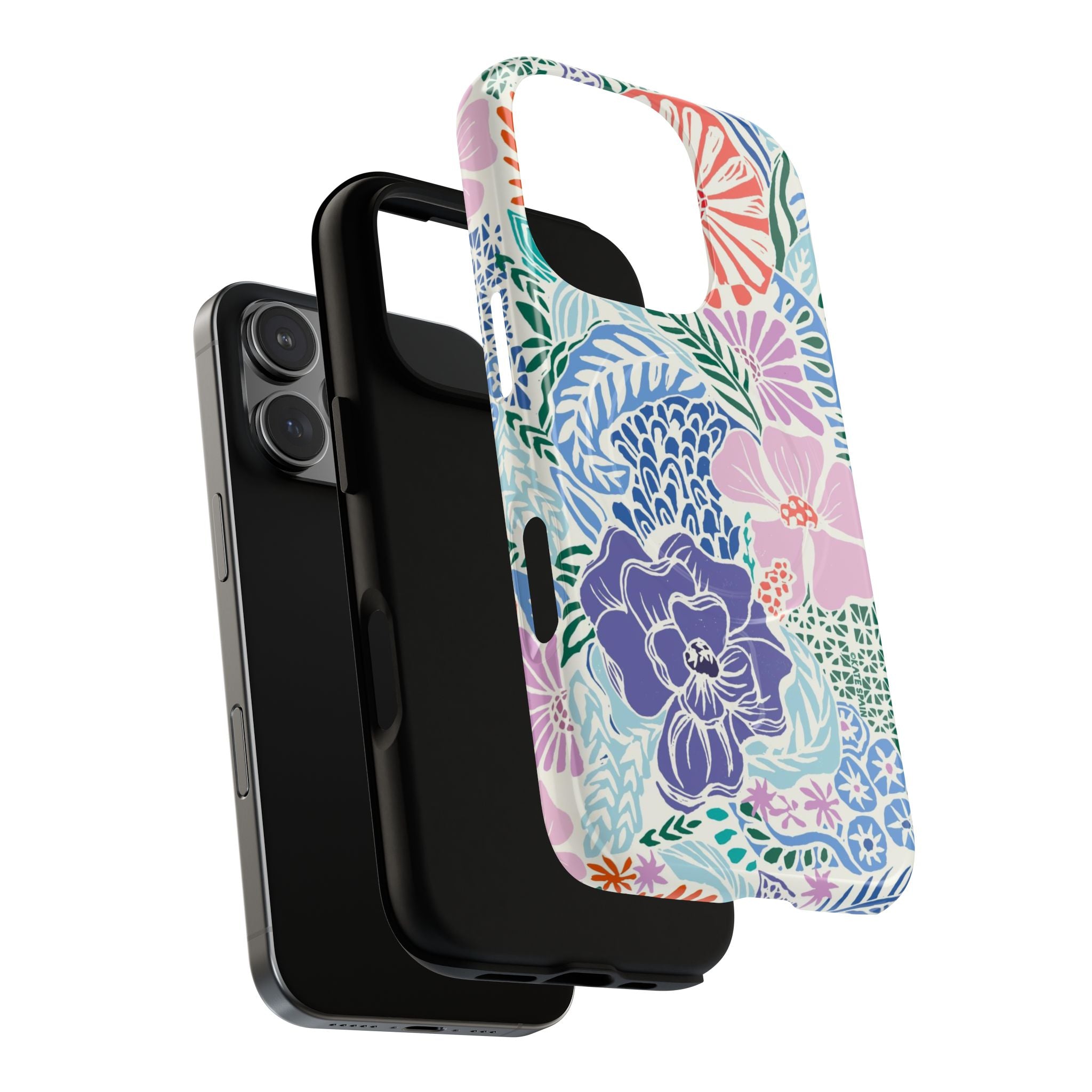 Tropica MagSafe iPhone 16 Pro Max Case – Dual-layered view of case and inner lining in front of phone, with view of camera cutout and buttons | purple, coral, pink, blue botanical tropical floral print