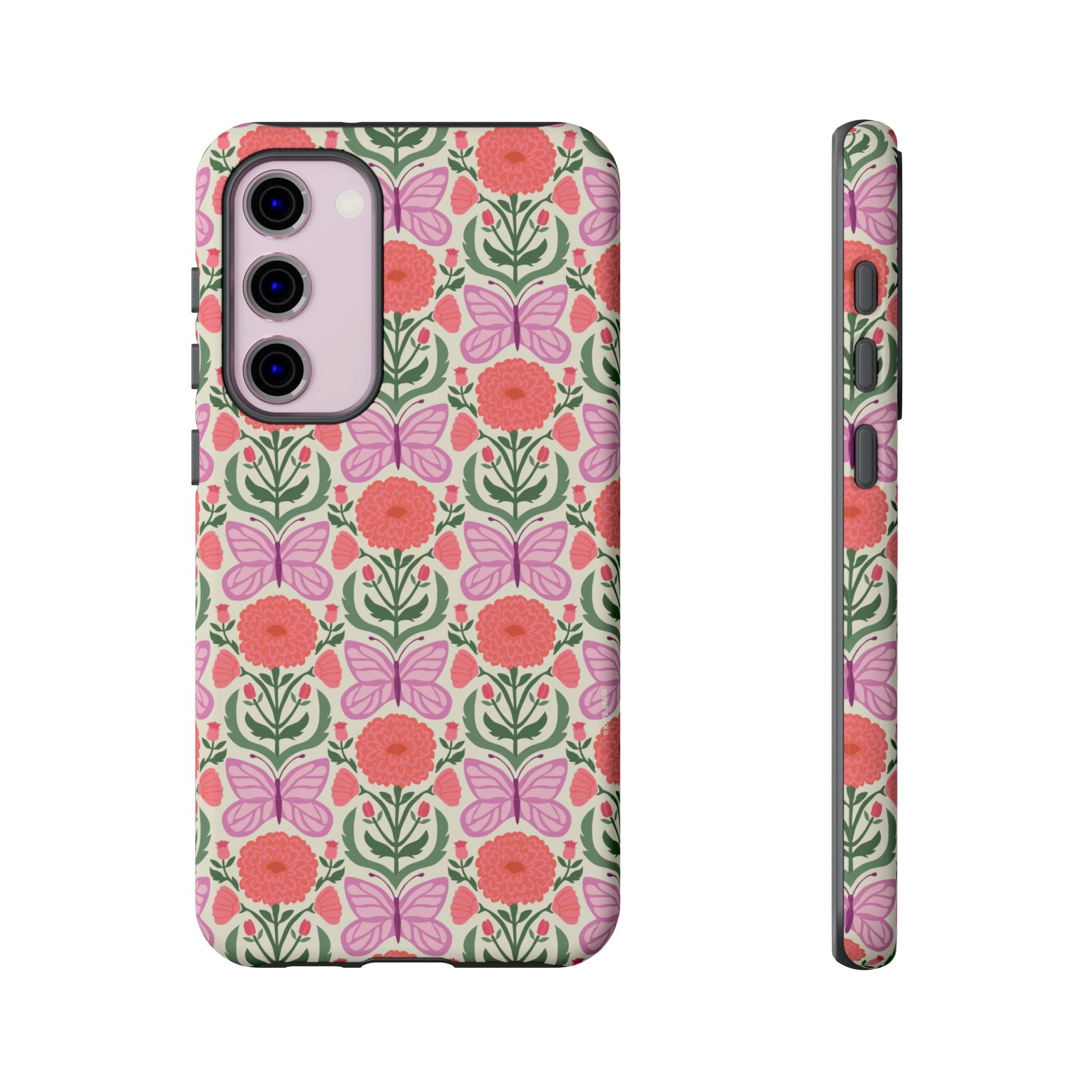 Luxury Pink Butterfly Samsung Galaxy S23+ Case – Matte | cream, coral, lavender butterfly floral print
