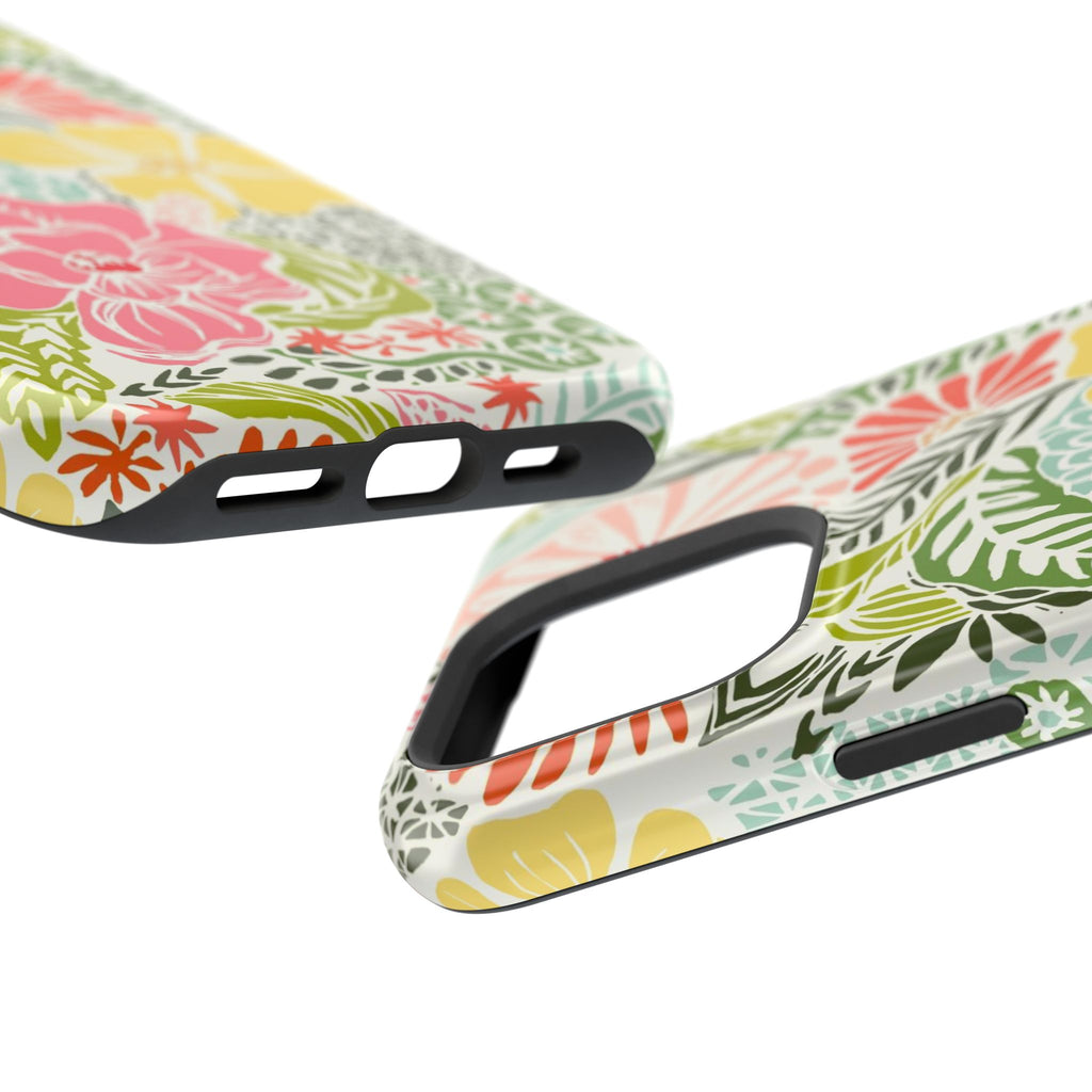 Tropica MagSafe iPhone 16 Pro Max Case – Glossy angled view closeup of camera cutout and buttons | cream, pink, yellow, blue botanical floral print MagSafe compatible, dual-layer protection