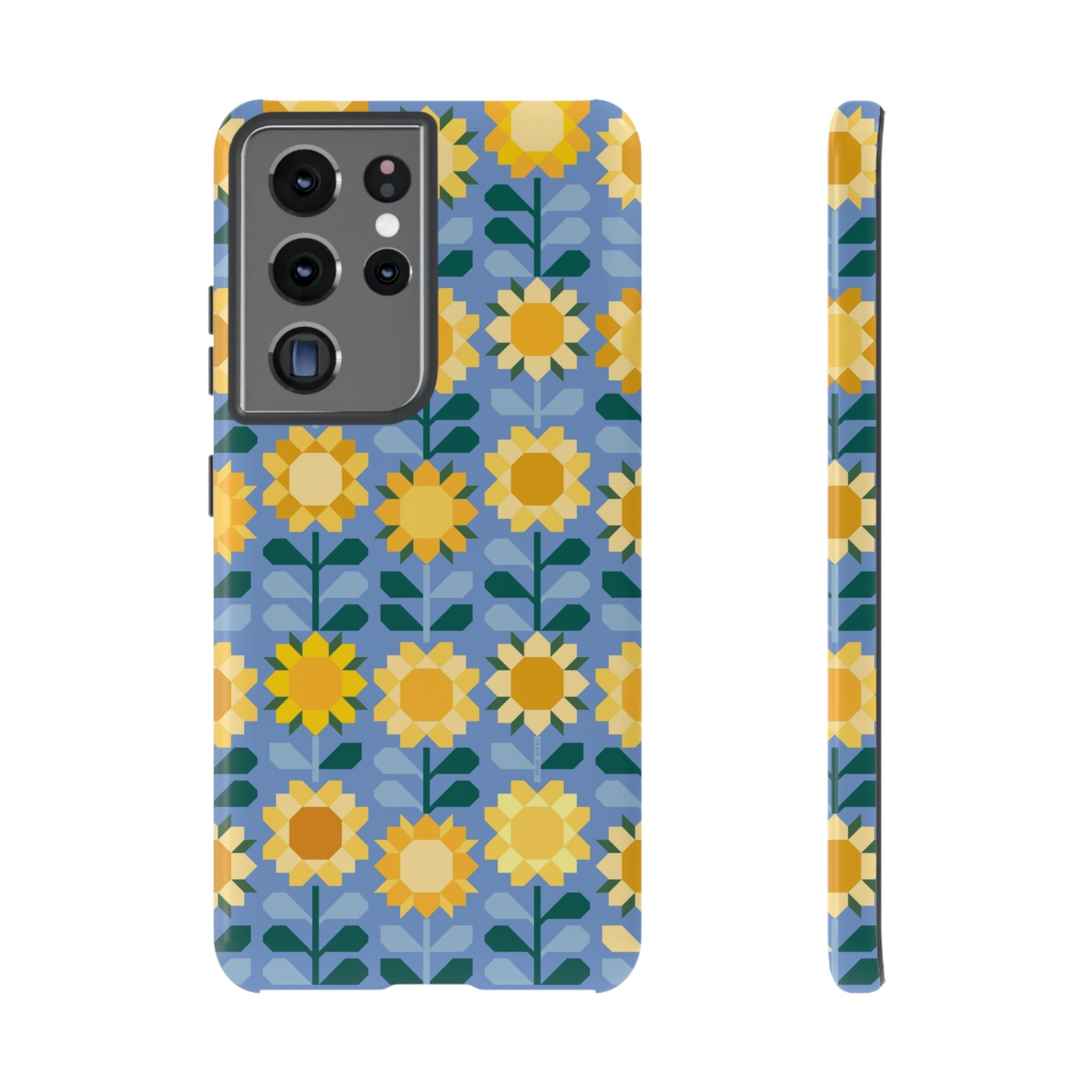 Luxury Sunflowers Samsung Galaxy S21 Ultra Case – Glossy | blue, yellow, gold geometric sunflower print 