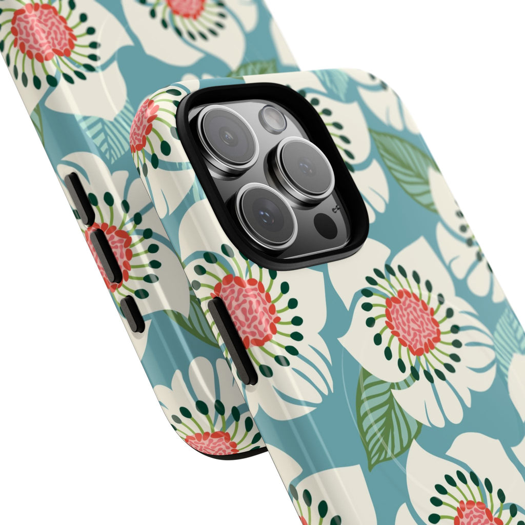 Panache MagSafe iPhone 16 Pro Max Case – Glossy | sky blue, pale cream, pink anemone floral print | angled view closeup of camera cutout and buttons