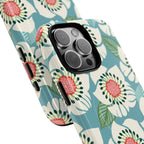 Panache MagSafe iPhone 16 Pro Max Case – Glossy | sky blue, pale cream, pink anemone floral print | angled view closeup of camera cutout and buttons