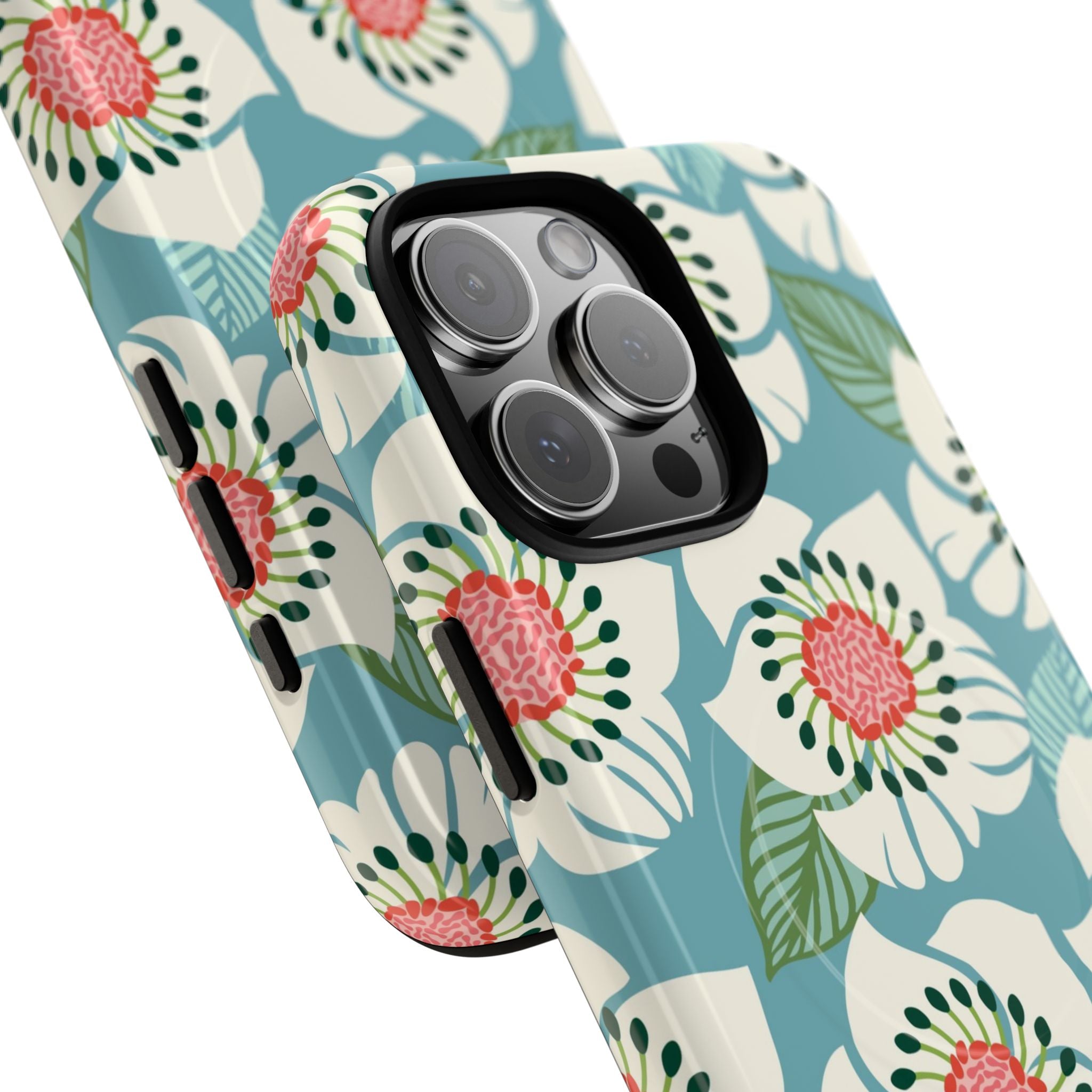 Panache MagSafe iPhone 16 Pro Max Case – Glossy | sky blue, pale cream, pink anemone floral print | angled view closeup of camera cutout and buttons