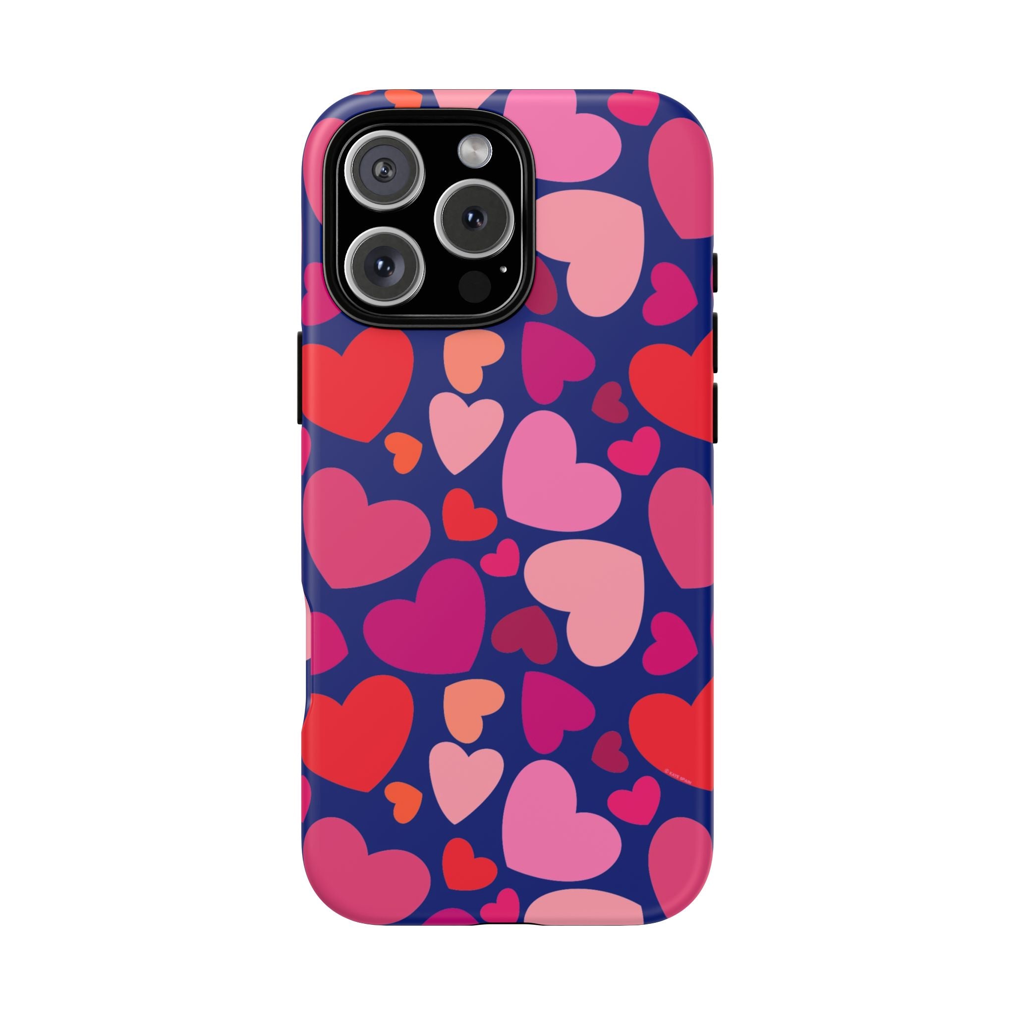 Hearts Tough iPhone 16 Pro Max Case – Matte | navy, pink, red, coral scattered heart print
