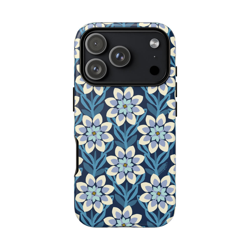 Designer Modern Dahlia Tough iPhone 17 Pro Case – Matte | navy, cobalt, white dahlia floral print