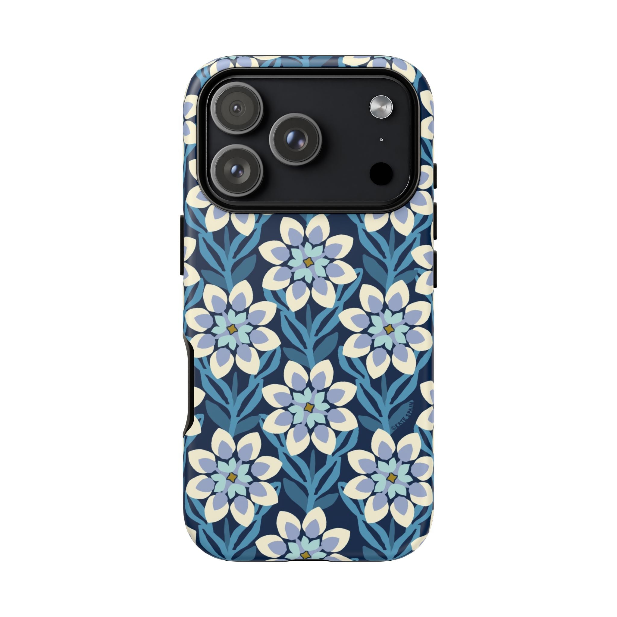 Designer Modern Dahlia Tough iPhone 17 Pro Case – Matte | navy, cobalt, white dahlia floral print