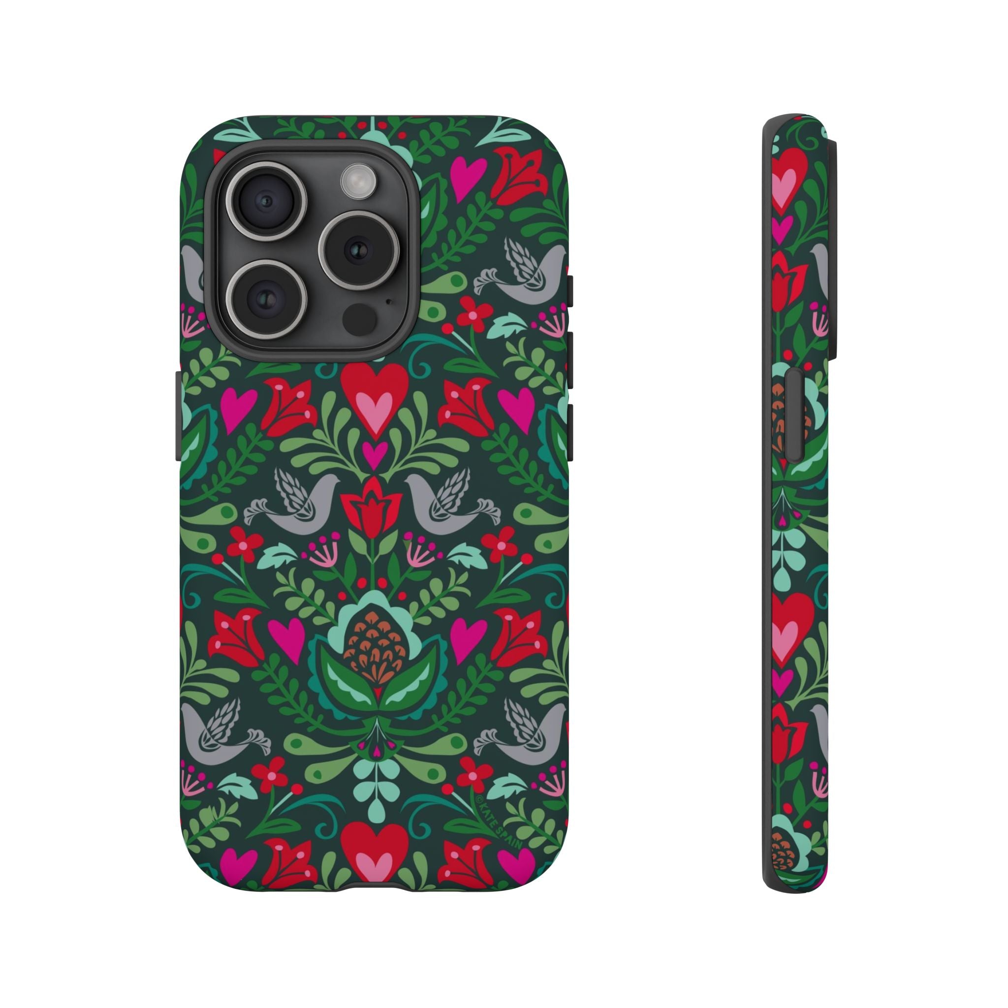 Rosemaling Tough iPhone 15 Pro Case – Matte | dark green, red, pink, gray folk art floral bird print