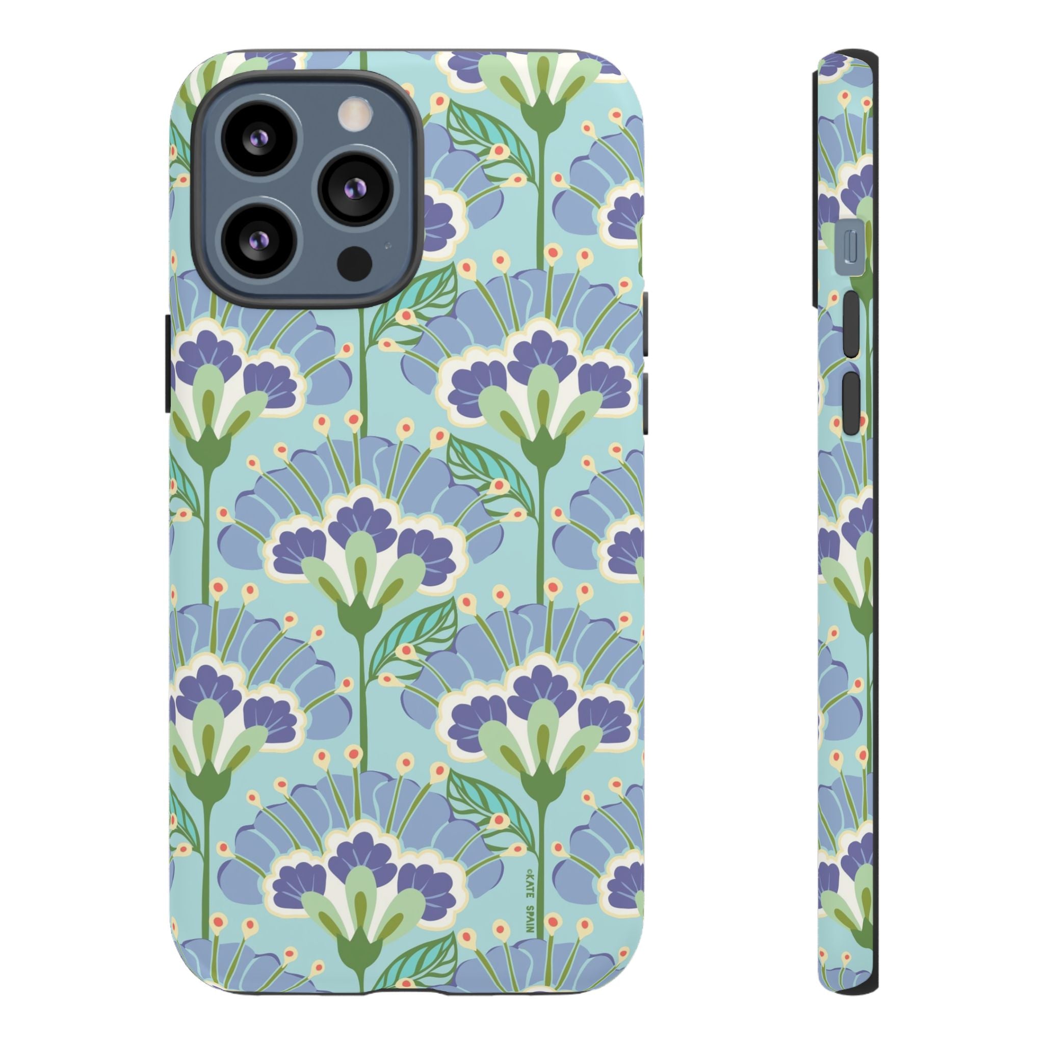 Lantern Flower Tough iPhone 13 Pro Max Case – Matte | aqua, periwinkle, green botanical lantern floral print