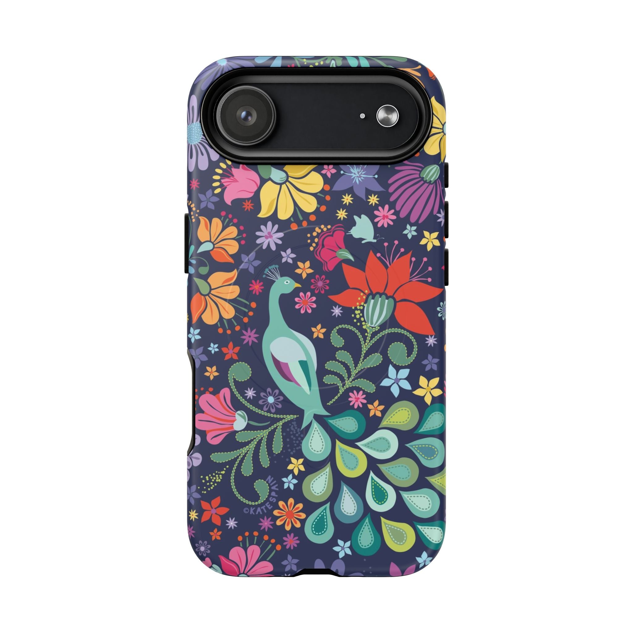 Peacock Sanctuary MagSafe iPhone 17 Air Case – Matte | navy, teal, coral multicolor vibrant peacock feather botanical print