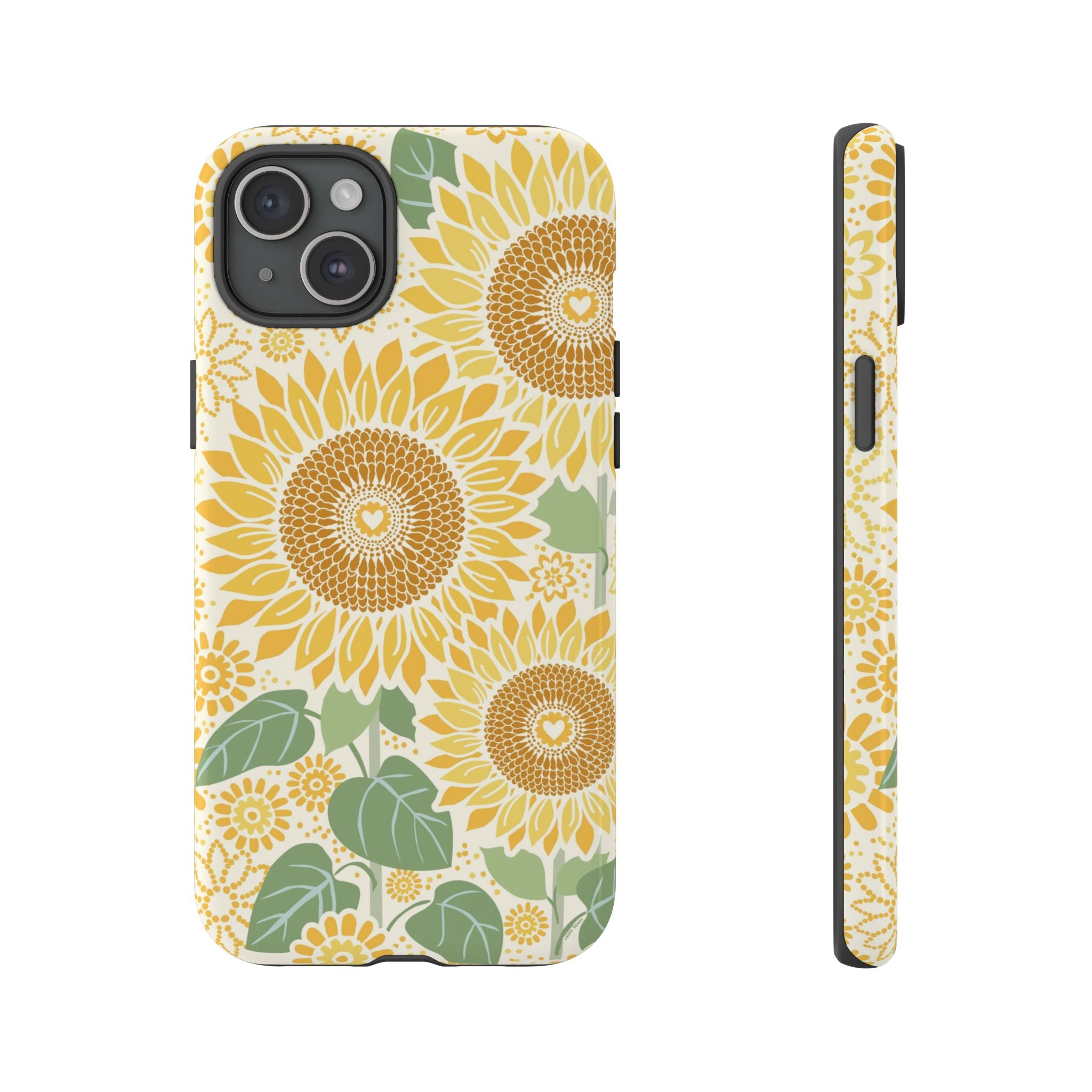 Sunny Sunflower iPhone 15 Plus case – Glossy | cream ground, large-scale yellow sunflower print, golden seed detail with heart centers, dual-layer protection