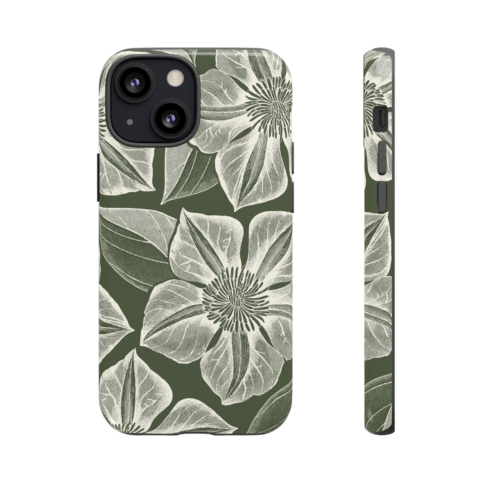 Vintage Bloom Cypress iPhone 13 Mini case – Glossy | cypress green ground, large-scale white clematis print, engraved petal detail, dual-layer protection