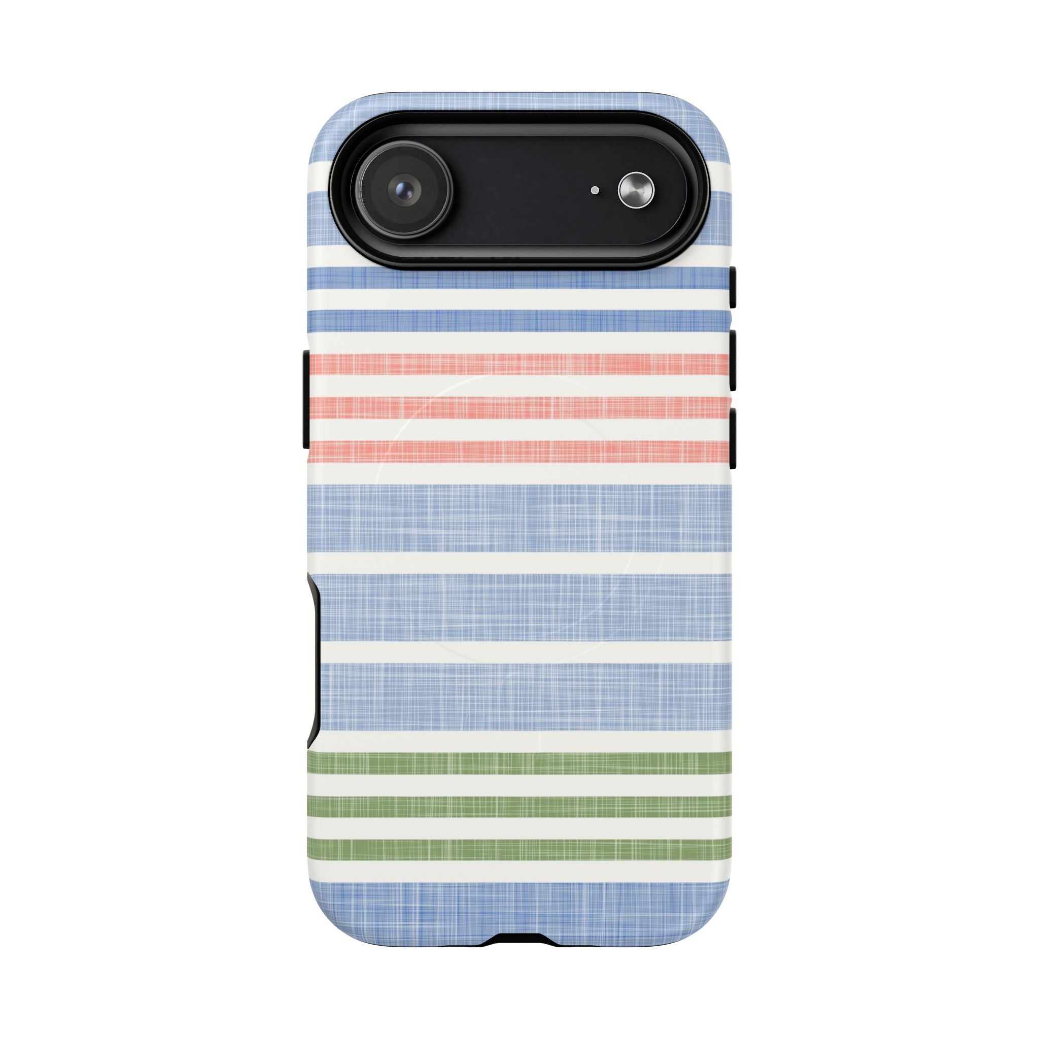 Cabana Stripe Pastel MagSafe iPhone 17 Air Case – Matte | soft blue, coral, sage green chambray-textured stripe print MagSafe compatible, dual-layer protection