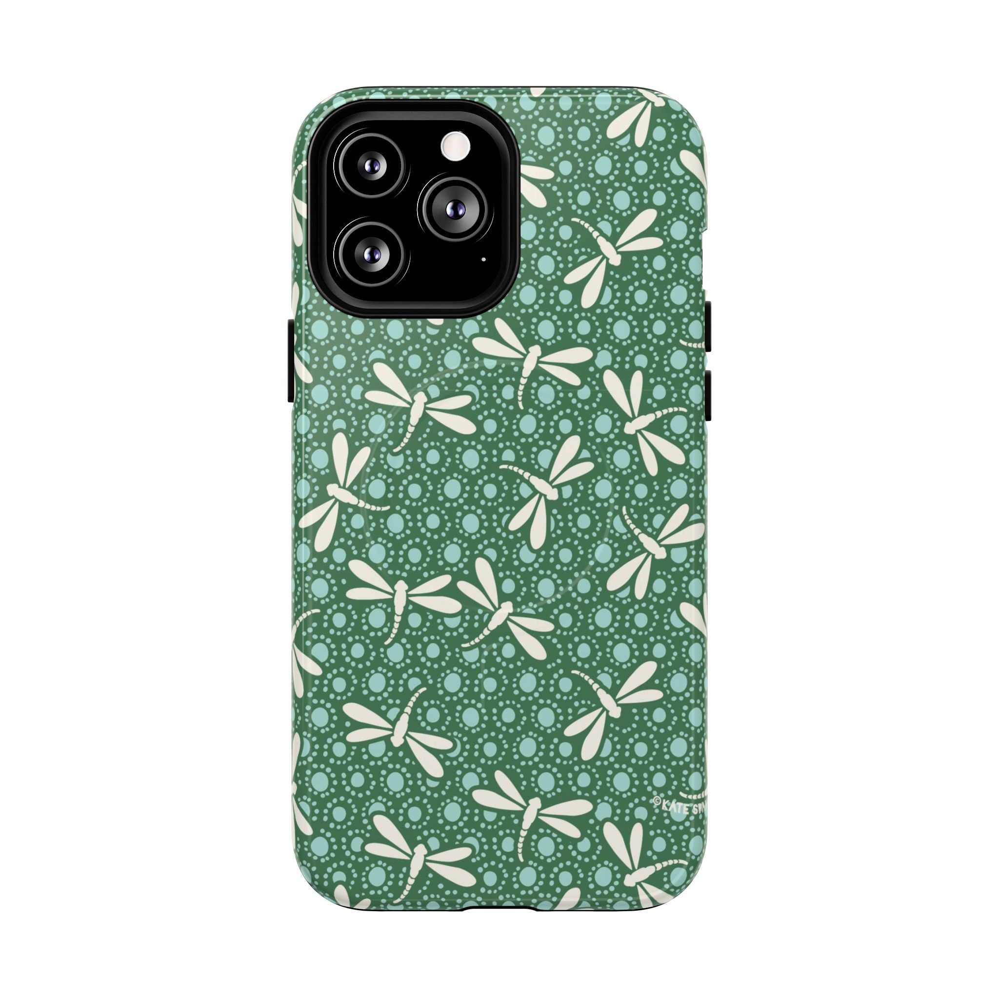 Designer Dragonfly MagSafe iPhone 13 Pro Max Case – Glossy | jade green, aqua, cream dragonfly print