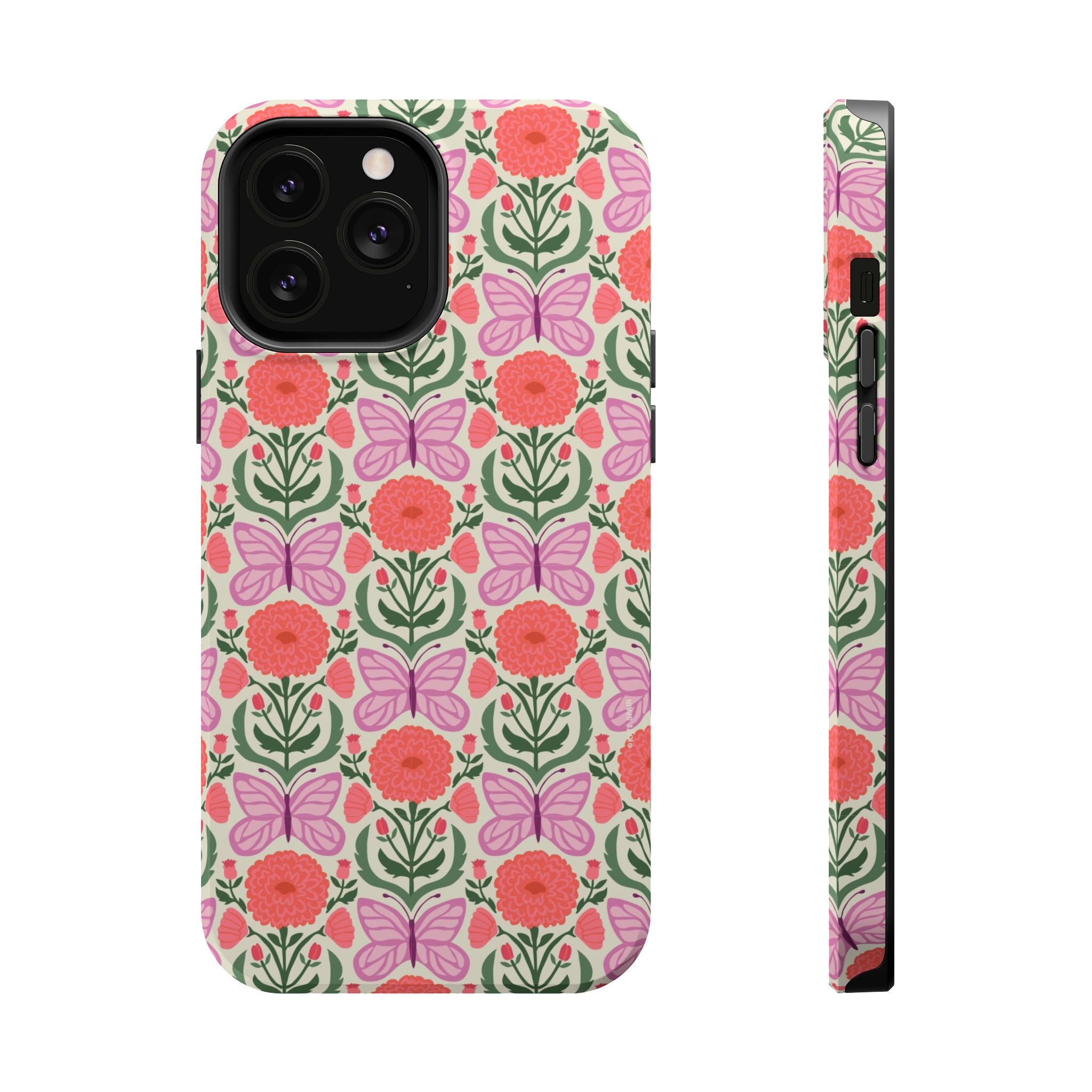 Pink Butterfly MagSafe iPhone 13 Pro Max Case – Glossy | cream, coral, lavender, green butterfly floral print