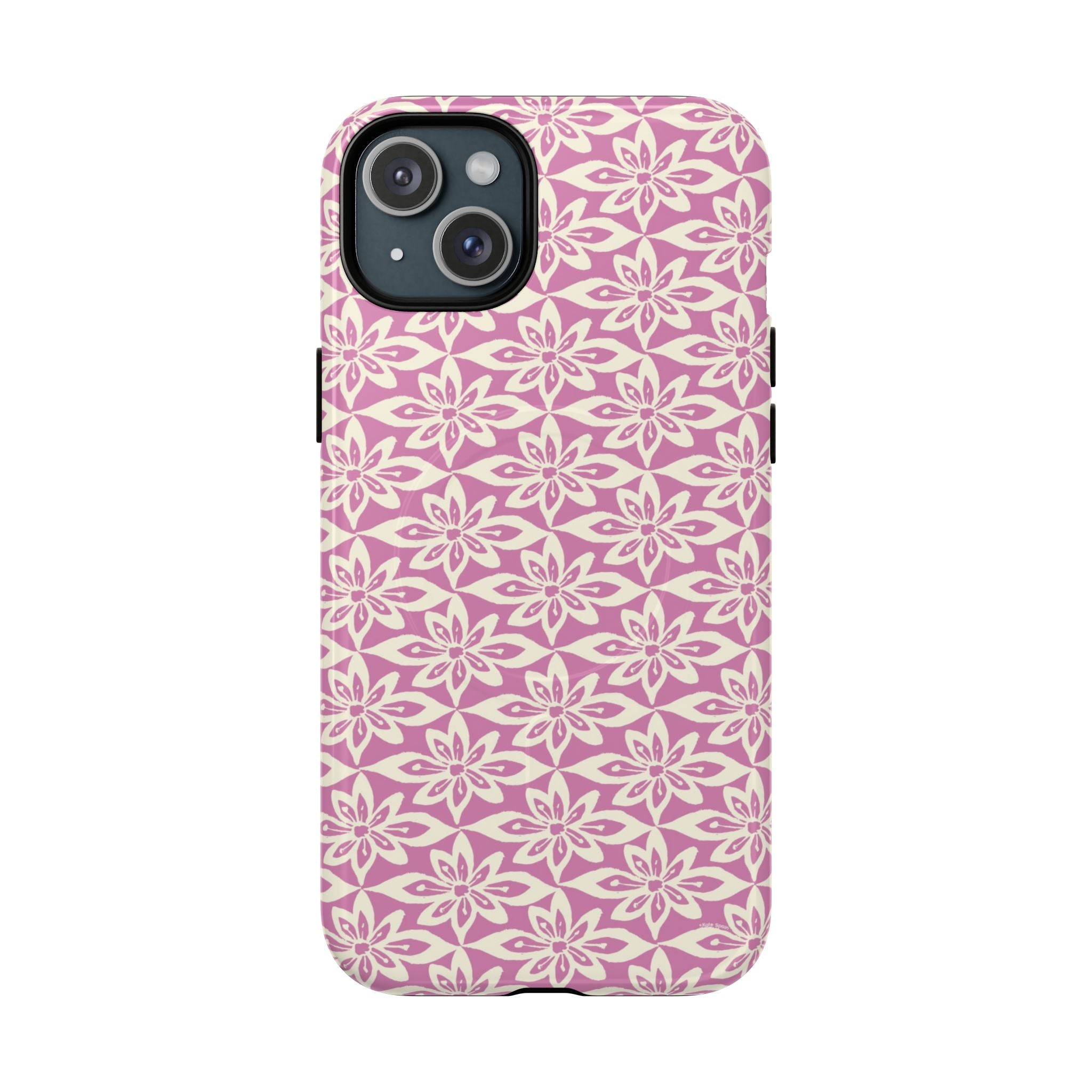 Lily Rose MagSafe iPhone 15 Plus Case – Glossy | graphic white lily print on soft rose — botanical MagSafe case by Kate Spain