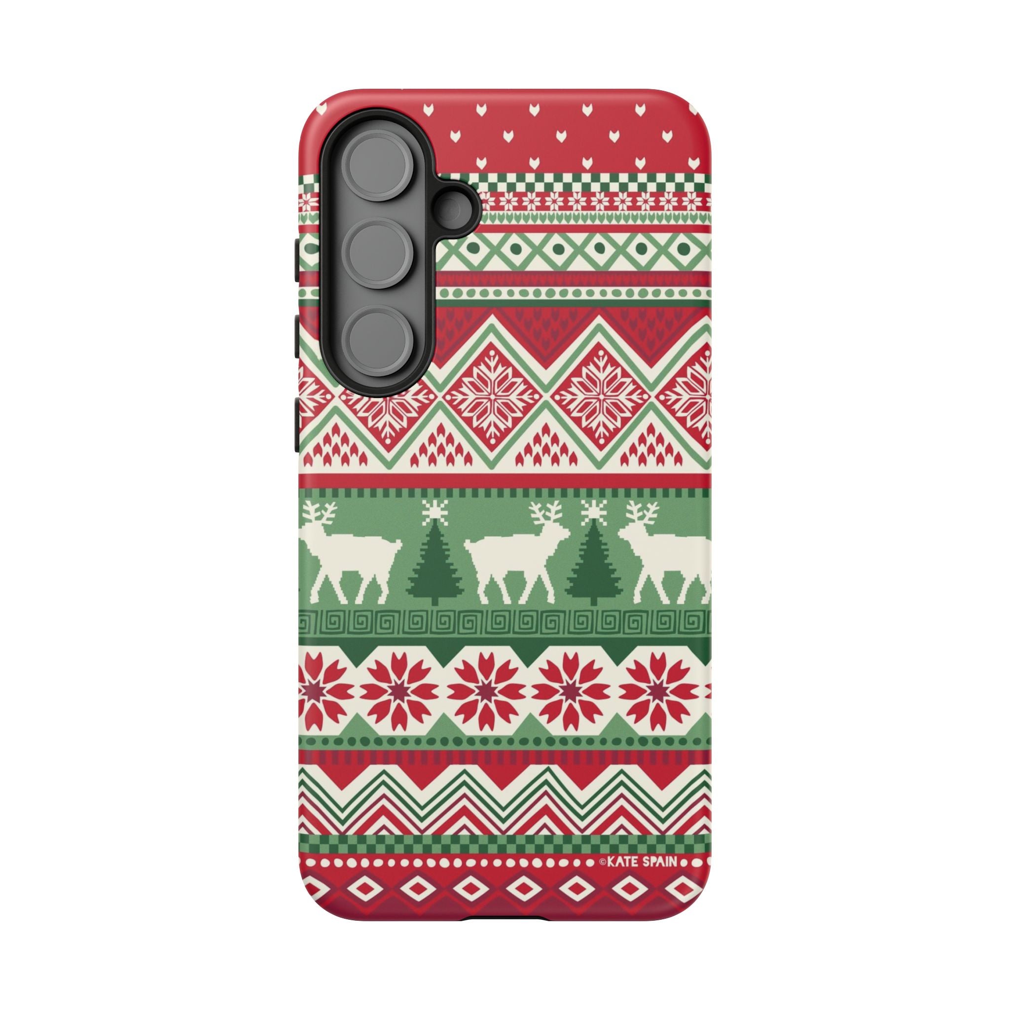 Luxury Telemark Samsung Galaxy S25 Plus Case – Matte | red, green, cream Nordic fair isle reindeer print