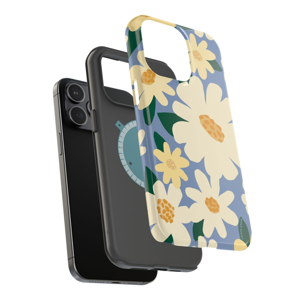 Chamomile MagSafe iPhone 15 Pro Max Case – Glossy | dual-layer construction view, in front of phone, with case in periwinkle, cream, yellow botanical daisy floral print MagSafe compatible, dual-layer protection