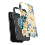 Chamomile MagSafe iPhone 15 Pro Max Case – Glossy | dual-layer construction view, in front of phone, with case in periwinkle, cream, yellow botanical daisy floral print MagSafe compatible, dual-layer protection