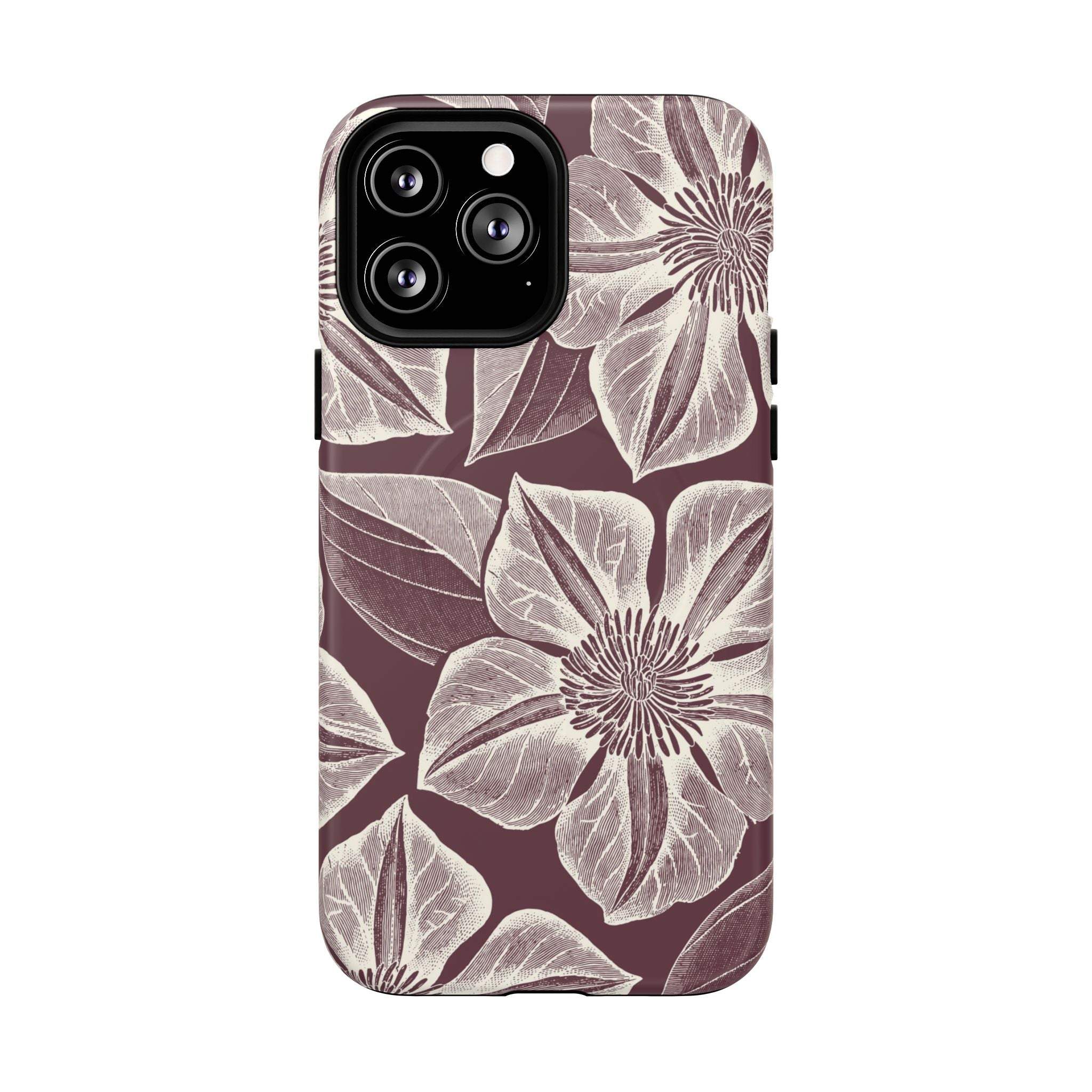 Vintage Bloom Burgundy MagSafe iPhone 13 Pro Max Case – Matte | burgundy ground, large-scale cream clematis print, engraved petal detail, dual-layer protection