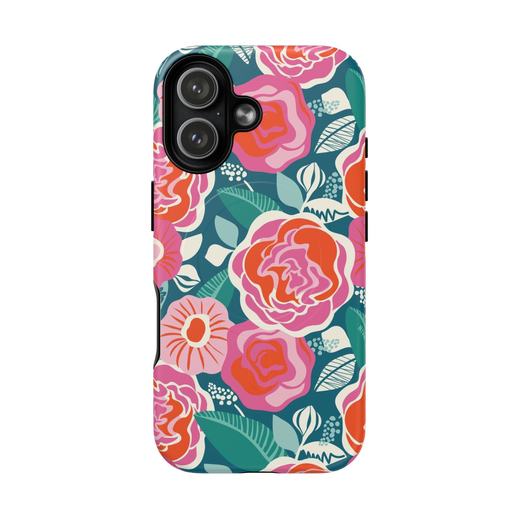 Luxury Tea Rose Teal MagSafe iPhone 17 Case – Matte | teal, coral, pink botanical rose floral print