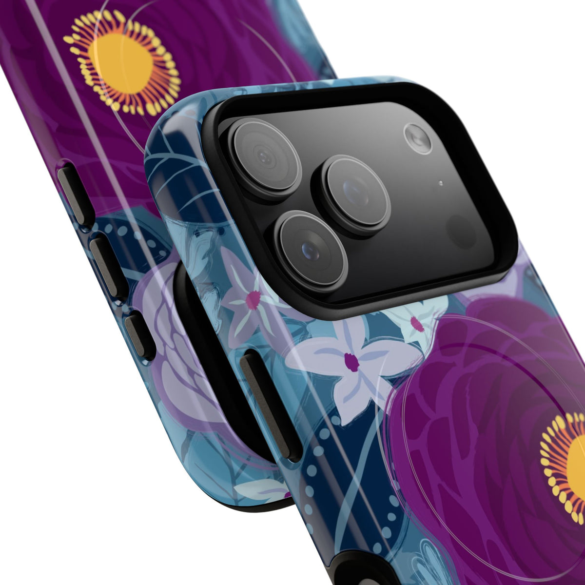Bloomerie Violet MagSafe iPhone Case – angled view closeup of camera cutout and buttons | navy, purple, magenta botanical peony floral print