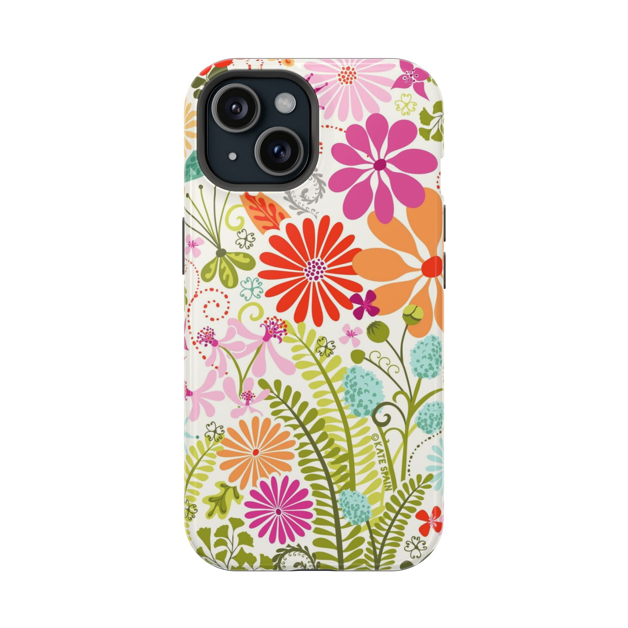 Luxury Terrain MagSafe iPhone 15 Case – Glossy | white, magenta, coral botanical woodland floral print