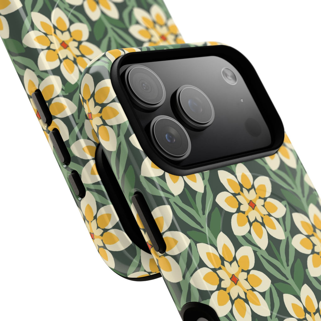Designer Modern Dahlia MagSafe iPhone 17 Pro Max Case – detail view of camera | yellow, cream, green dahlia floral print