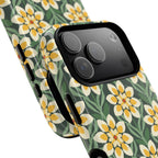 Designer Modern Dahlia MagSafe iPhone 17 Pro Max Case – detail view of camera | yellow, cream, green dahlia floral print