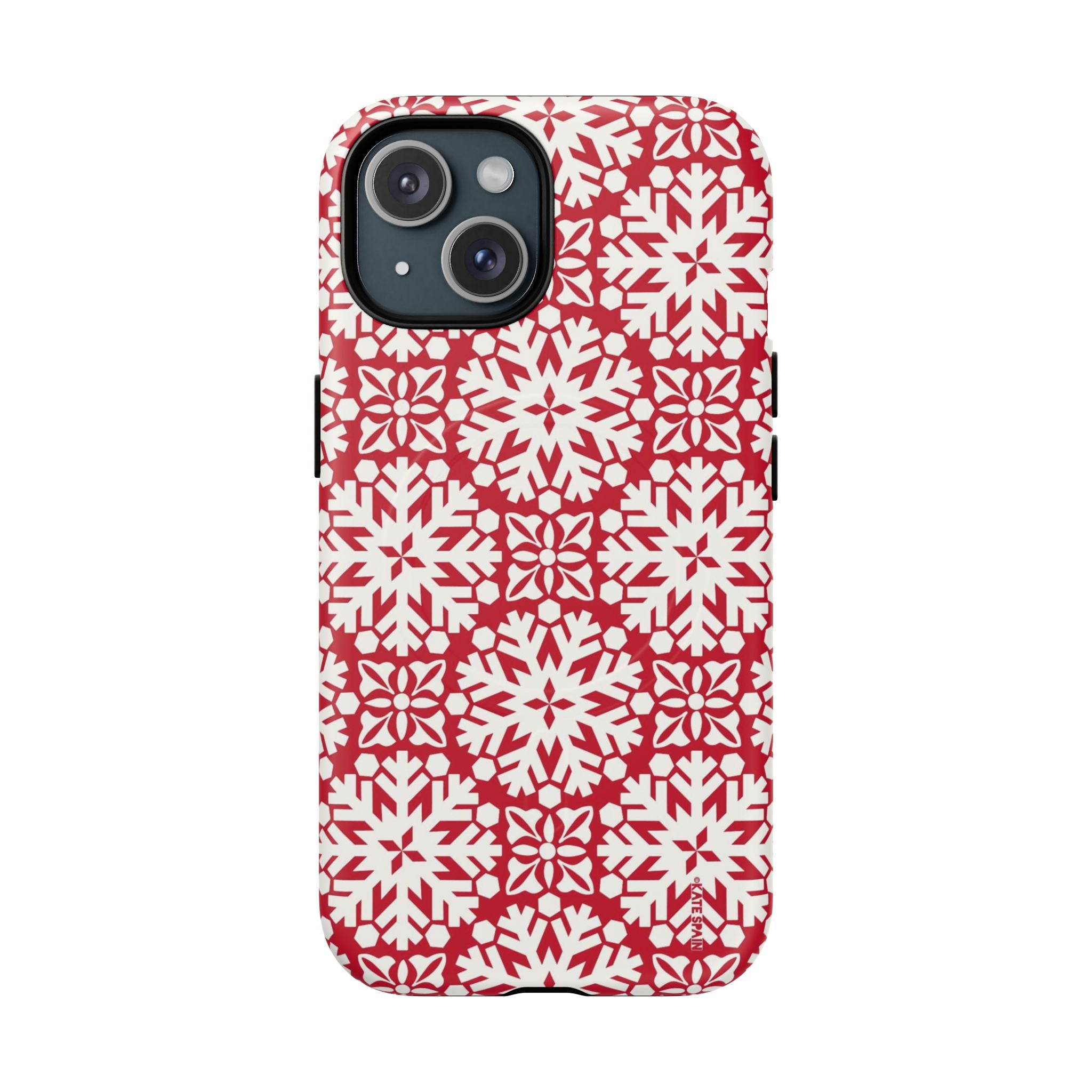 Flurry MagSafe iPhone 15 Case – Matte | red and cream geometric snowflake tile print