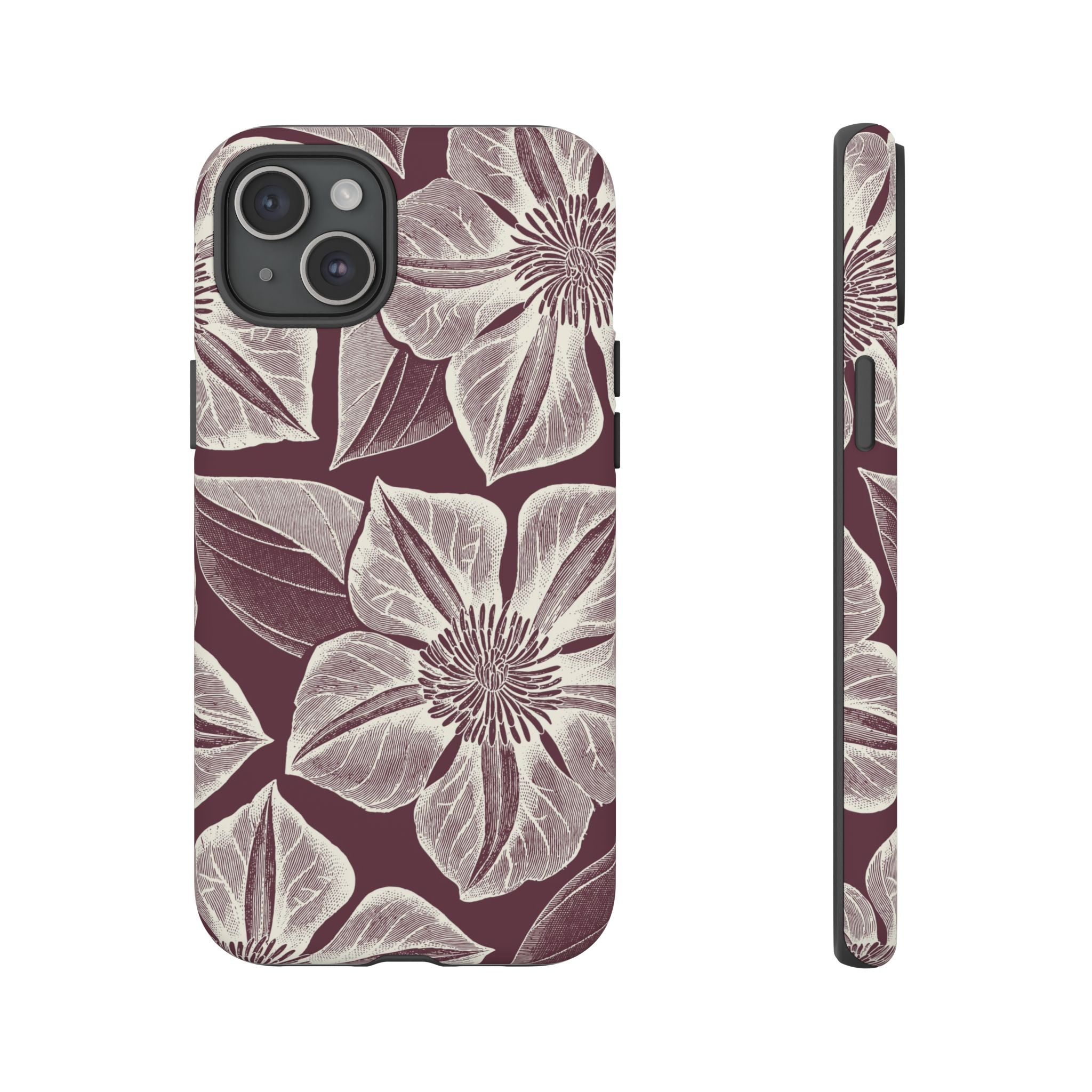 Vintage Bloom Burgundy iPhone 15 Plus case – Matte | burgundy ground, large-scale cream clematis print, engraved petal detail, dual-layer protection