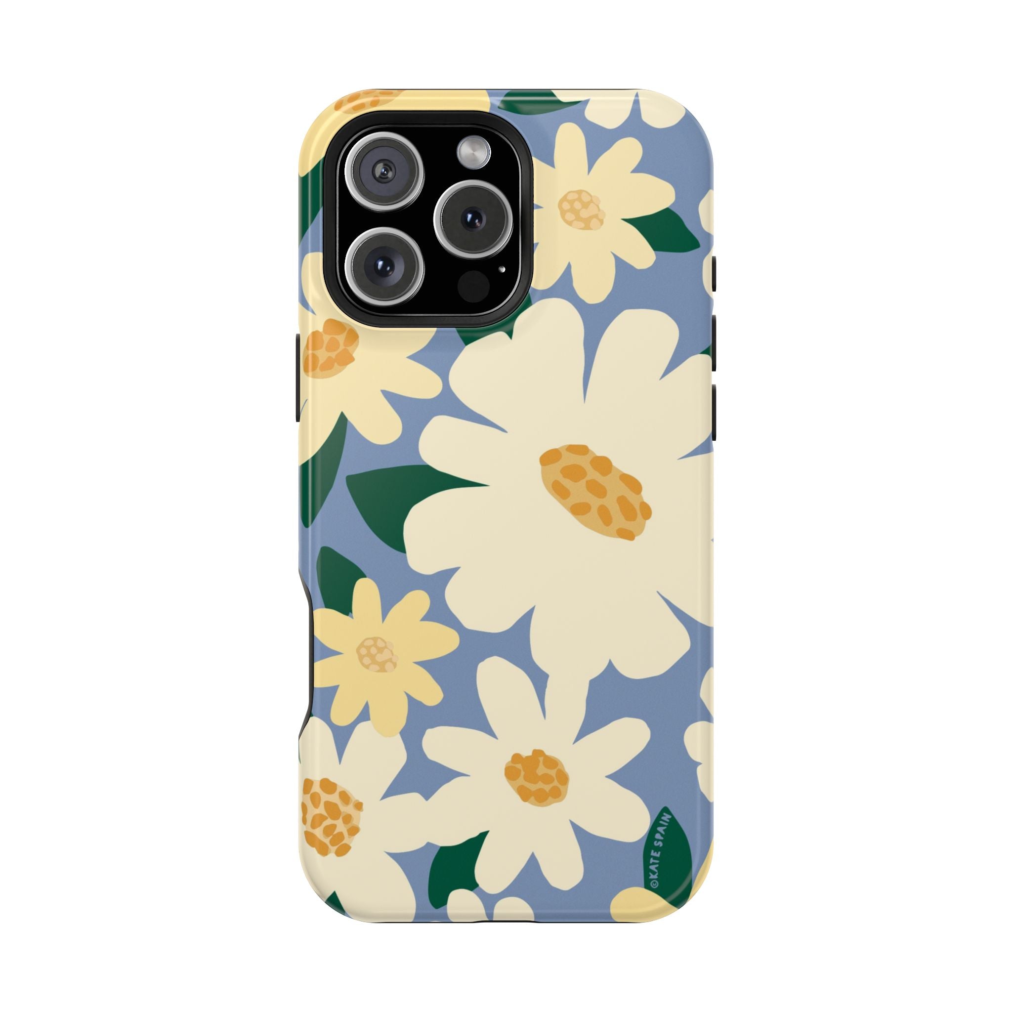 Chamomile MagSafe iPhone 16 Pro Case – Matte | periwinkle, cream, yellow botanical daisy floral print MagSafe compatible, dual-layer protection
