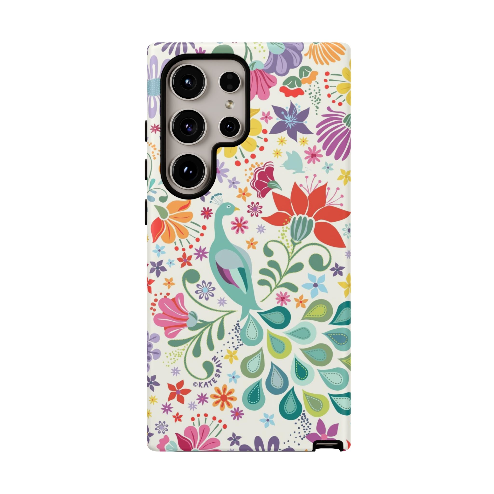 Luxury Peacock Sanctuary Samsung Galaxy S24 Ultra Case – Glossy | white, teal, coral multicolor vibrant peacock feather botanical print
