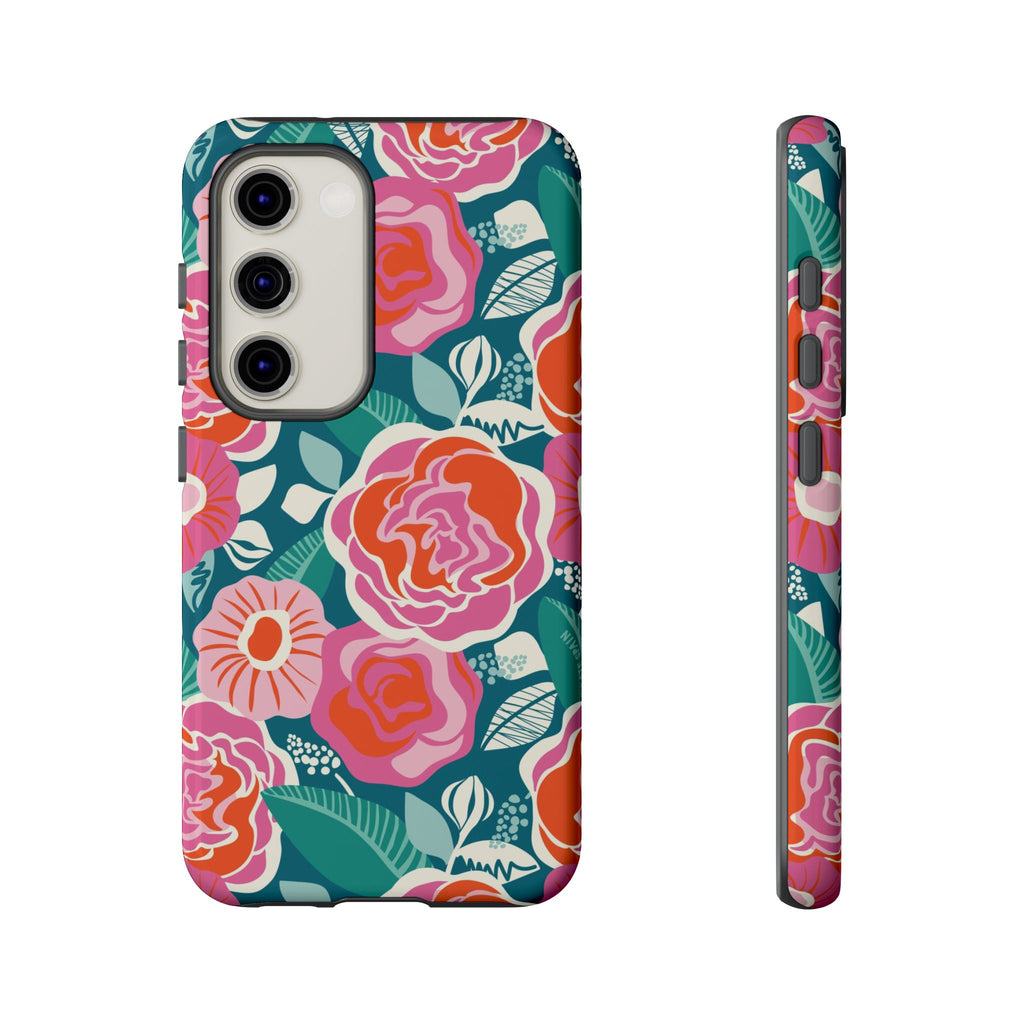 Luxury Tea Rose Teal Samsung Galaxy S23 Case – Glossy | teal, coral, pink botanical rose floral print