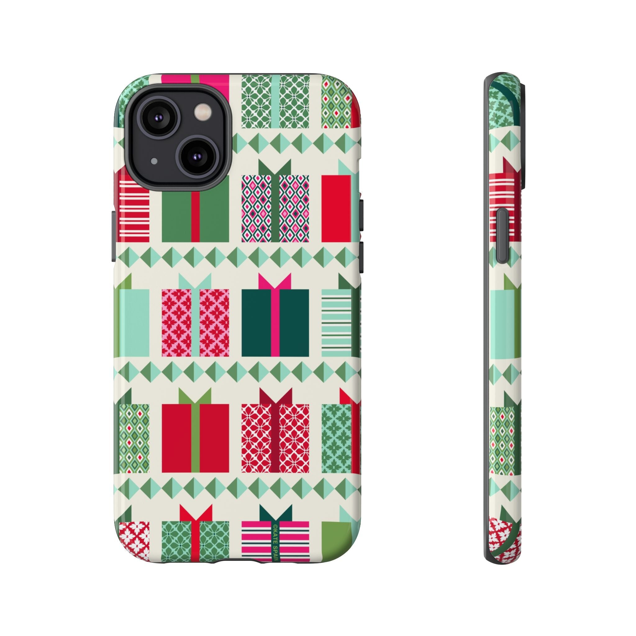 All Wrapped Up Tough iPhone 14 Plus Case – Glossy | cream, red, pink, green, mint geometric gift wrap holiday print