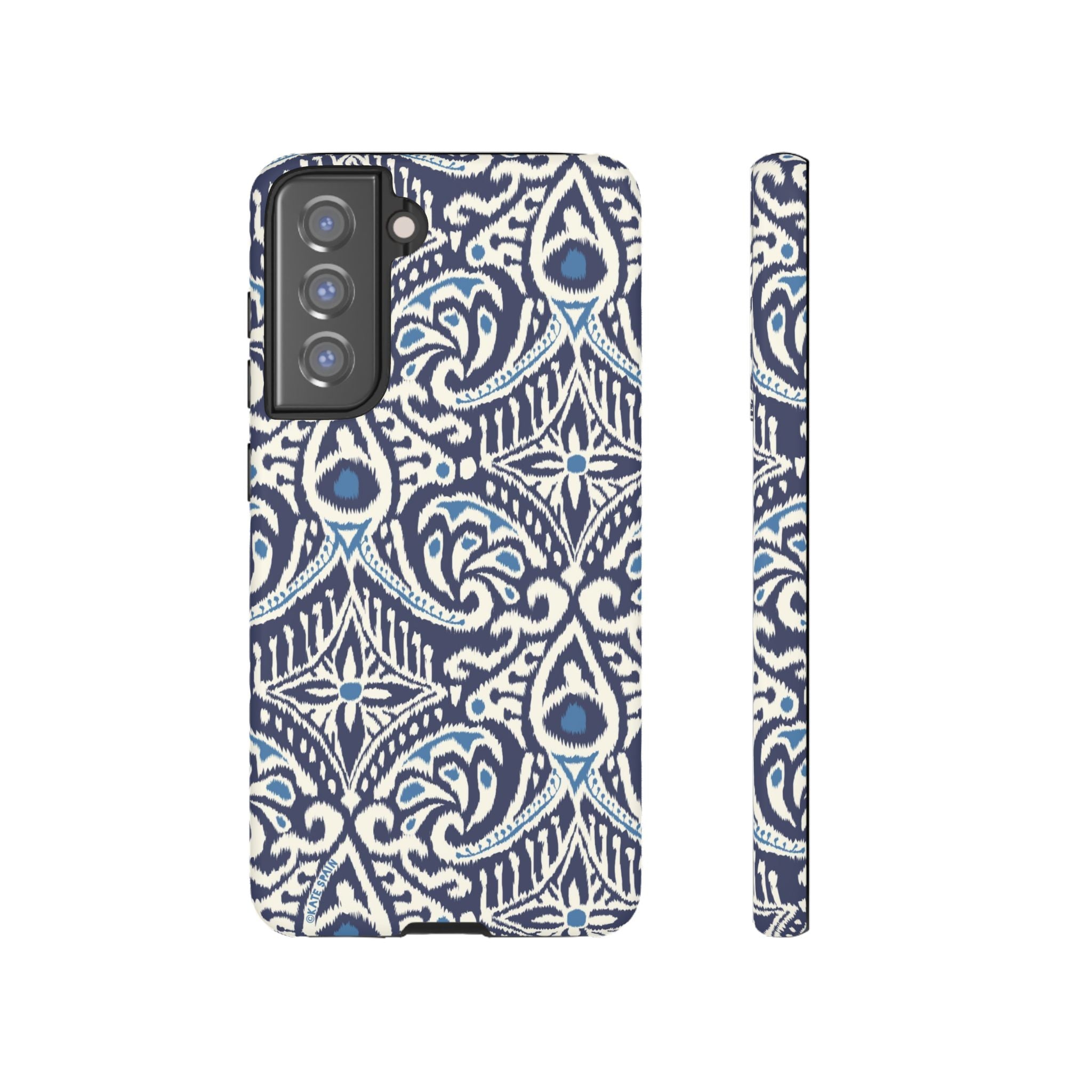 Luxury Ikat Samsung Galaxy S21 FE Case – Glossy | navy, white, aqua ikat geometric medallion print