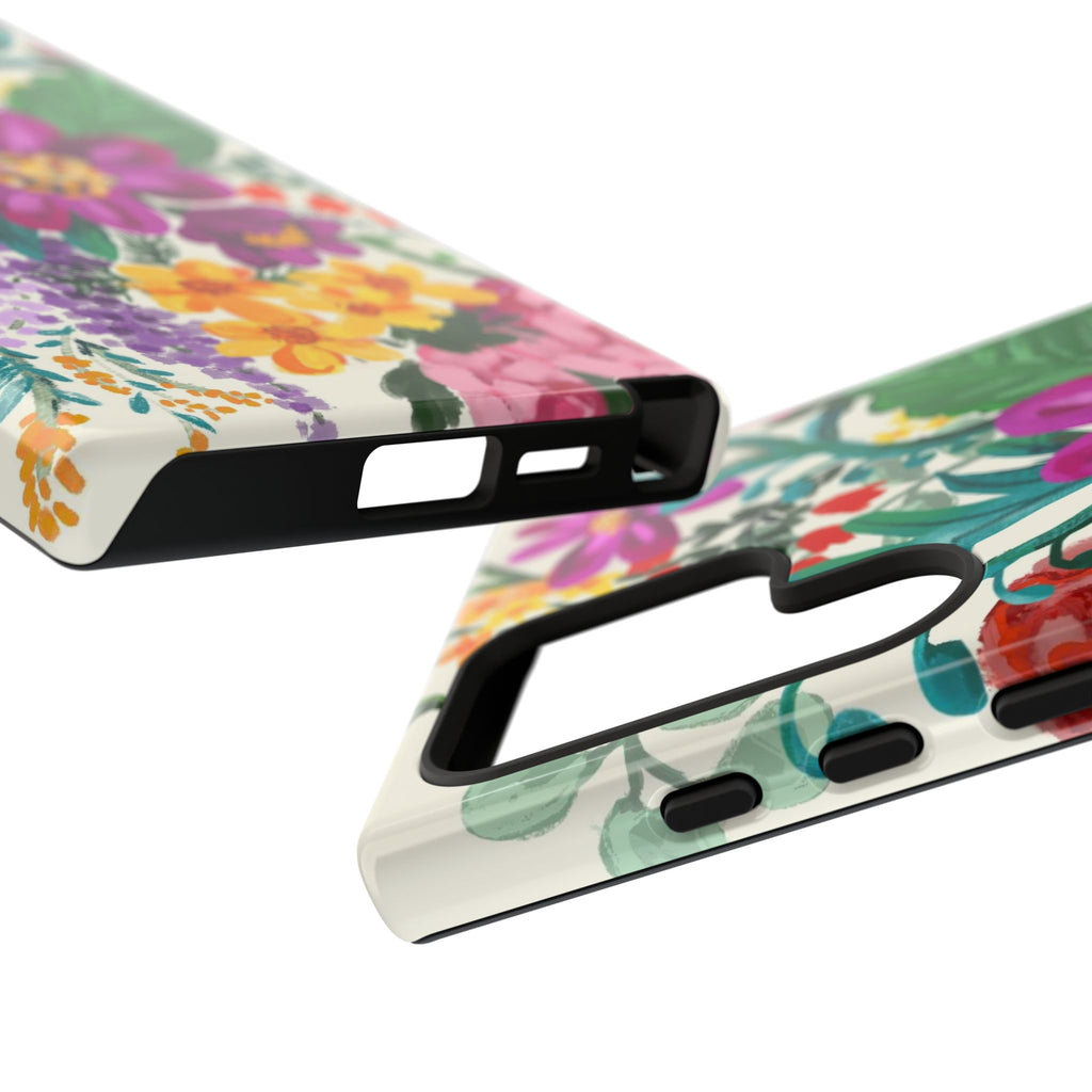 Tropical Posy Samsung Galaxy S24 Ultra Case – Glossy | detailed view of buttons, side, and ports of protective case in white, magenta, yellow, purple vibrant botanical floral print