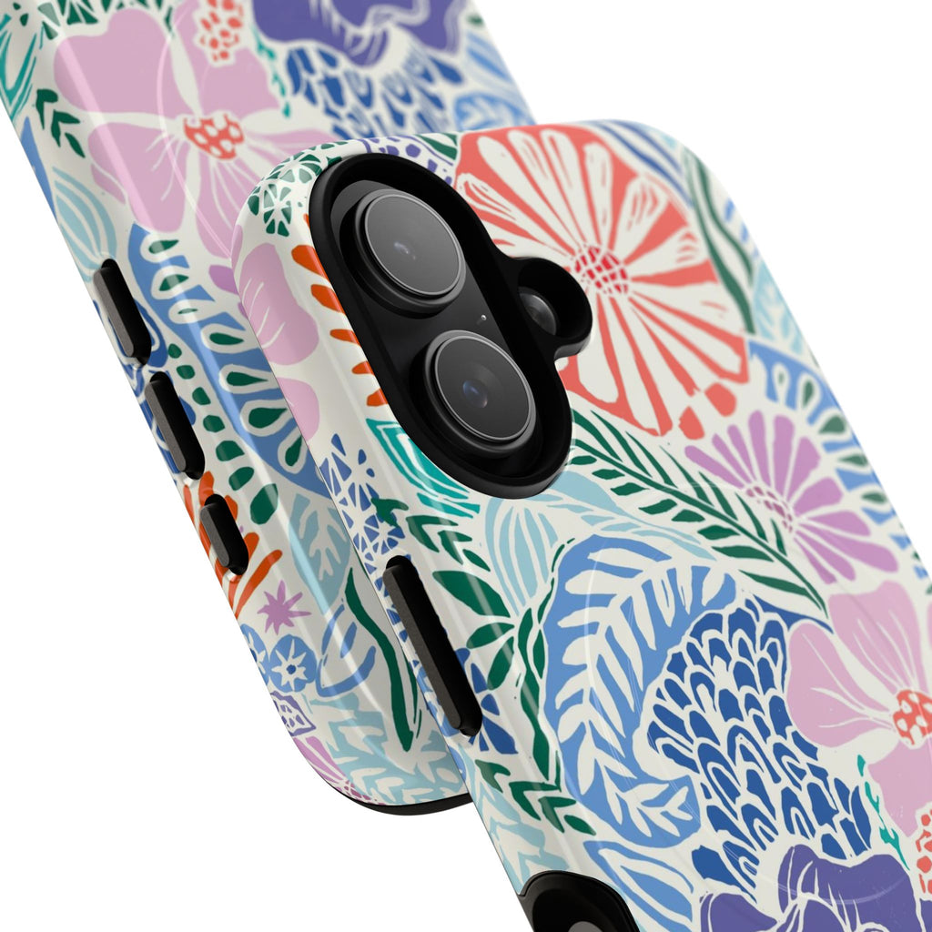 Tropica MagSafe iPhone 17 Case – Glossy | purple, coral, pink, blue botanical tropical floral print | angled view closeup of camera cutout and buttons