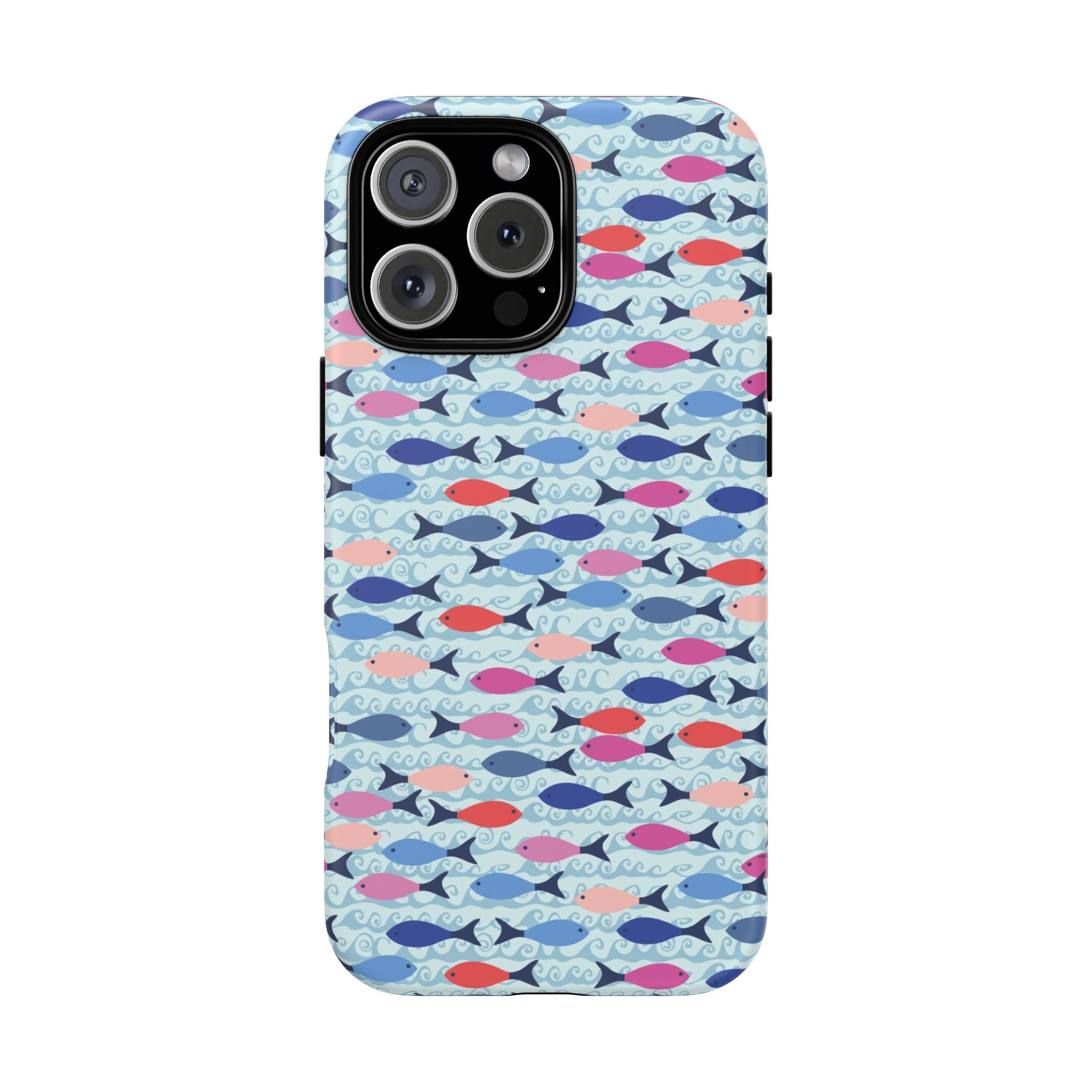 Summer Minnows Tough iPhone 16 Pro Max Case – Glossy | navy, coral, pink, and periwinkle fish on a pale aqua ground