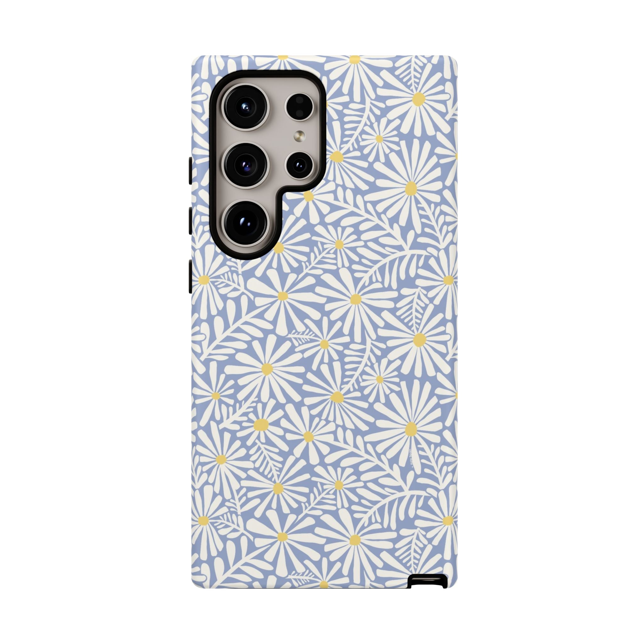 Montauk Daisy Cottage Blue Samsung Galaxy S24 Ultra Matte case — white daisy and fern print on periwinkle blue by Kate Spain
